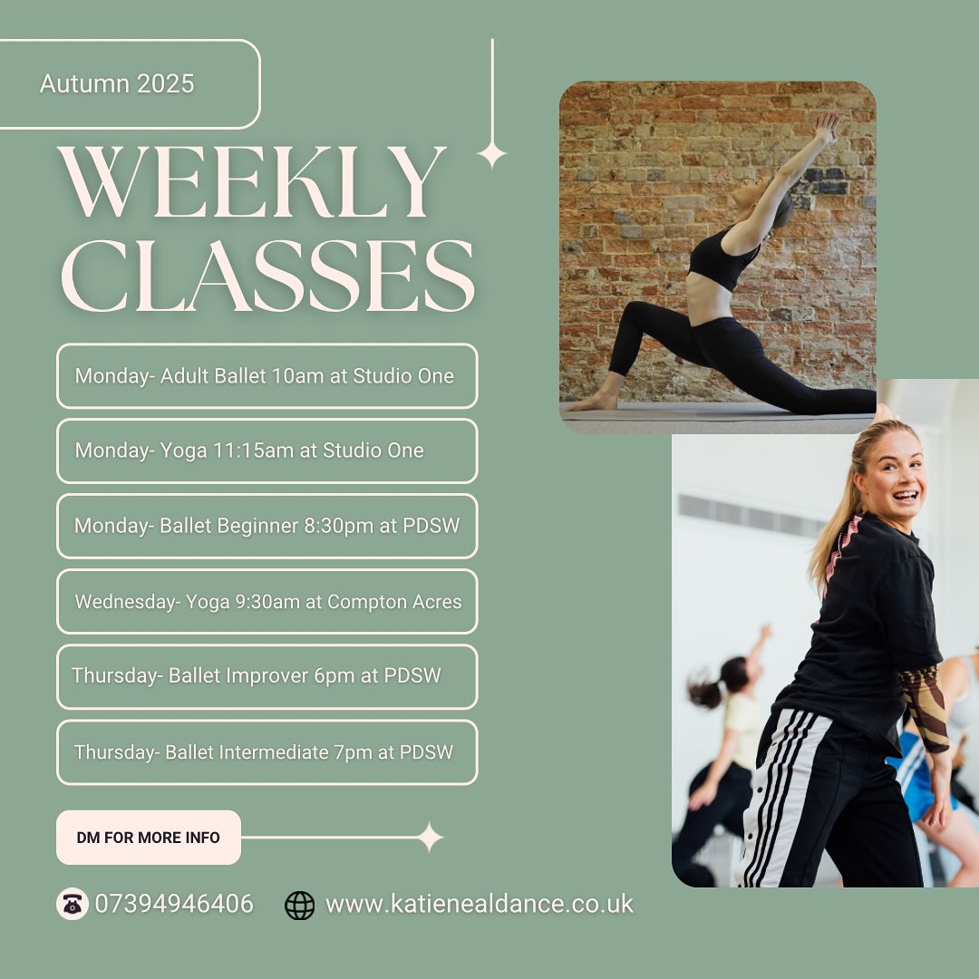 🍁Where to find me 🍁
🗓️ Autumn Term starts on Monday so I’m back baby!
✨Classes listed are open to everyone but levels may very. 18+
💻 For Studio One and PDSW classes please book with them. For Compton Acres Yoga book via my website
👯 Under 18’s classes are bookable through the appropriate dance schools. Certain classes are audition only
✉️ Message me for more info #dance #bournemouth #ballet #contemporary