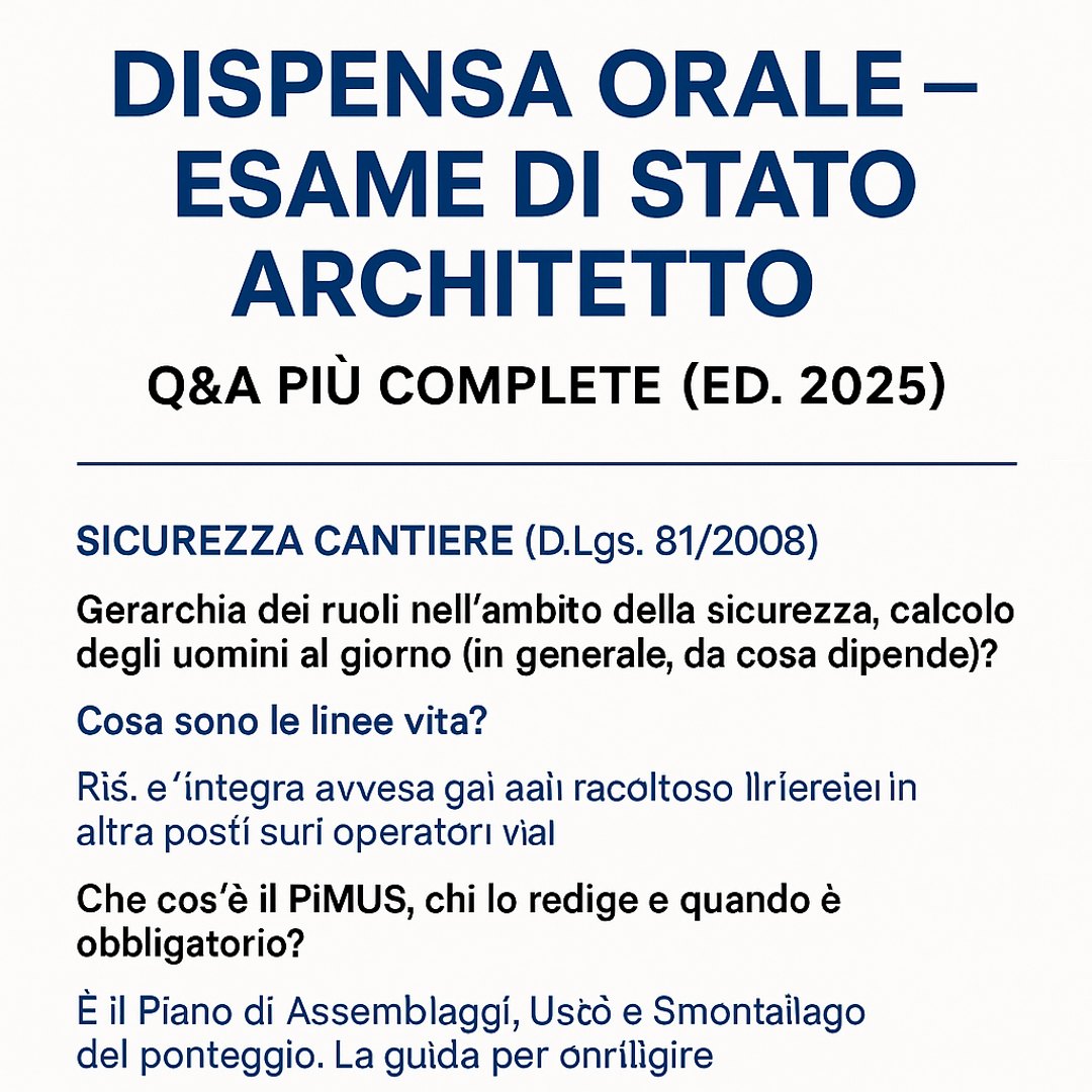 🎓 Esame di Stato Architetto 2025 – ORALE
Hai studiato per mesi la prova pratica e gli scritti… ma ora il colloquio ti mette ansia? 😰
Abbiamo preparato per te la Dispensa Orale 2025:
👉 230+ domande e risposte già pronte e aggiornate
👉 Suddivise per aree (sicurezza, appalti, T.U.E., deontologia, restauro, urbanistica…)
👉 Uno strumento che ti fa risparmiare tempo e ti guida subito al punto
📥 Scarica subito la Preview gratuita e scopri come affrontare l’orale con più sicurezza e meno stress!
🔗 Link in bio / www.esamearchitetti.com
#esamedistatoarchitetto #architettura #architettiitaliani #architetti #esamedistato2025 #architettostudenti #architettomilano #architetturaedilizia #architettiitalia #oralesuccesso #studentiarchitettura #architetturaeprogetto #archilovers