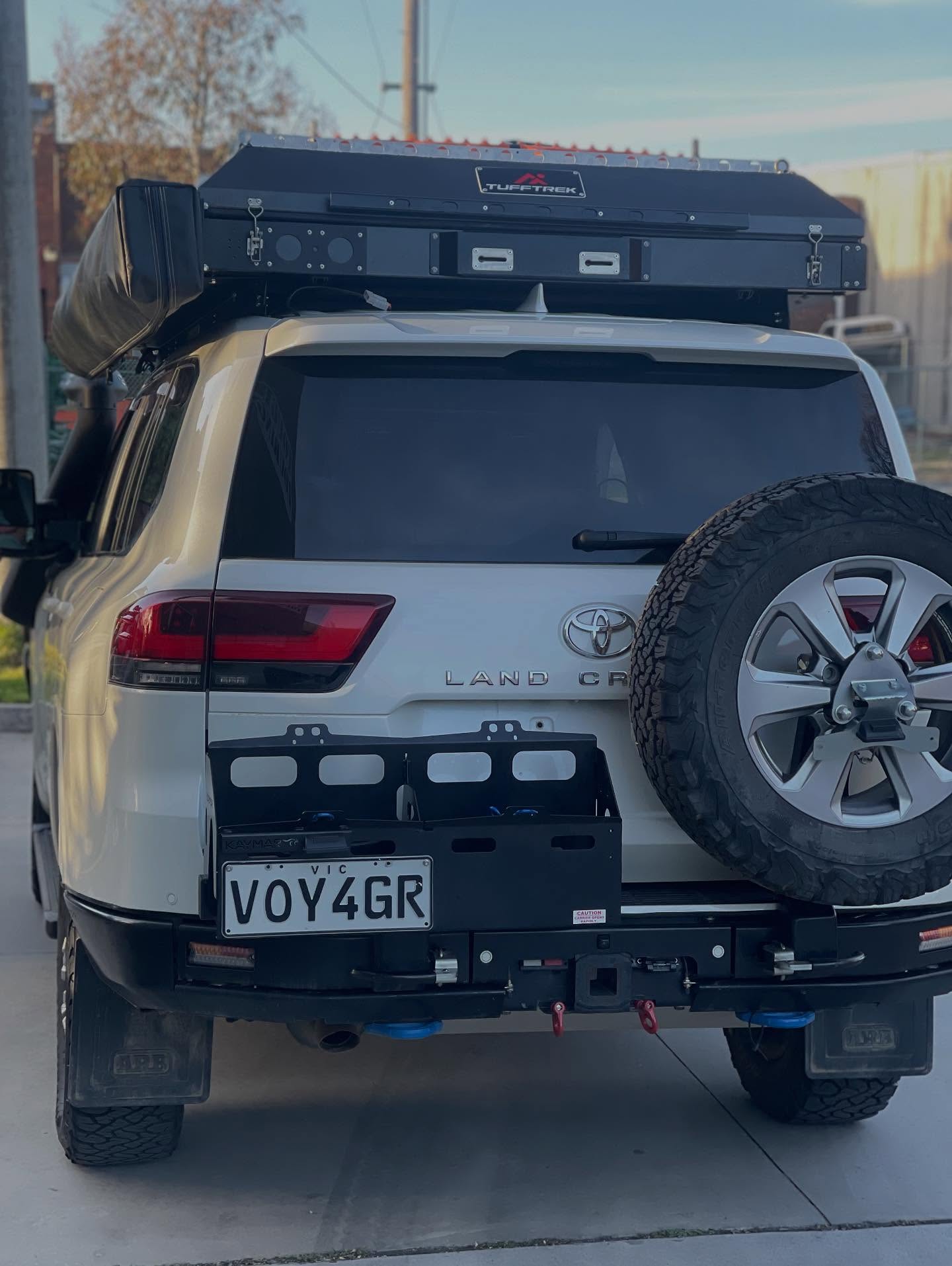Tuff trek mk3 roof top tent fitted with tough touring roof tent rack to a new toyota 300 series cruiser!!! Nice and low profile