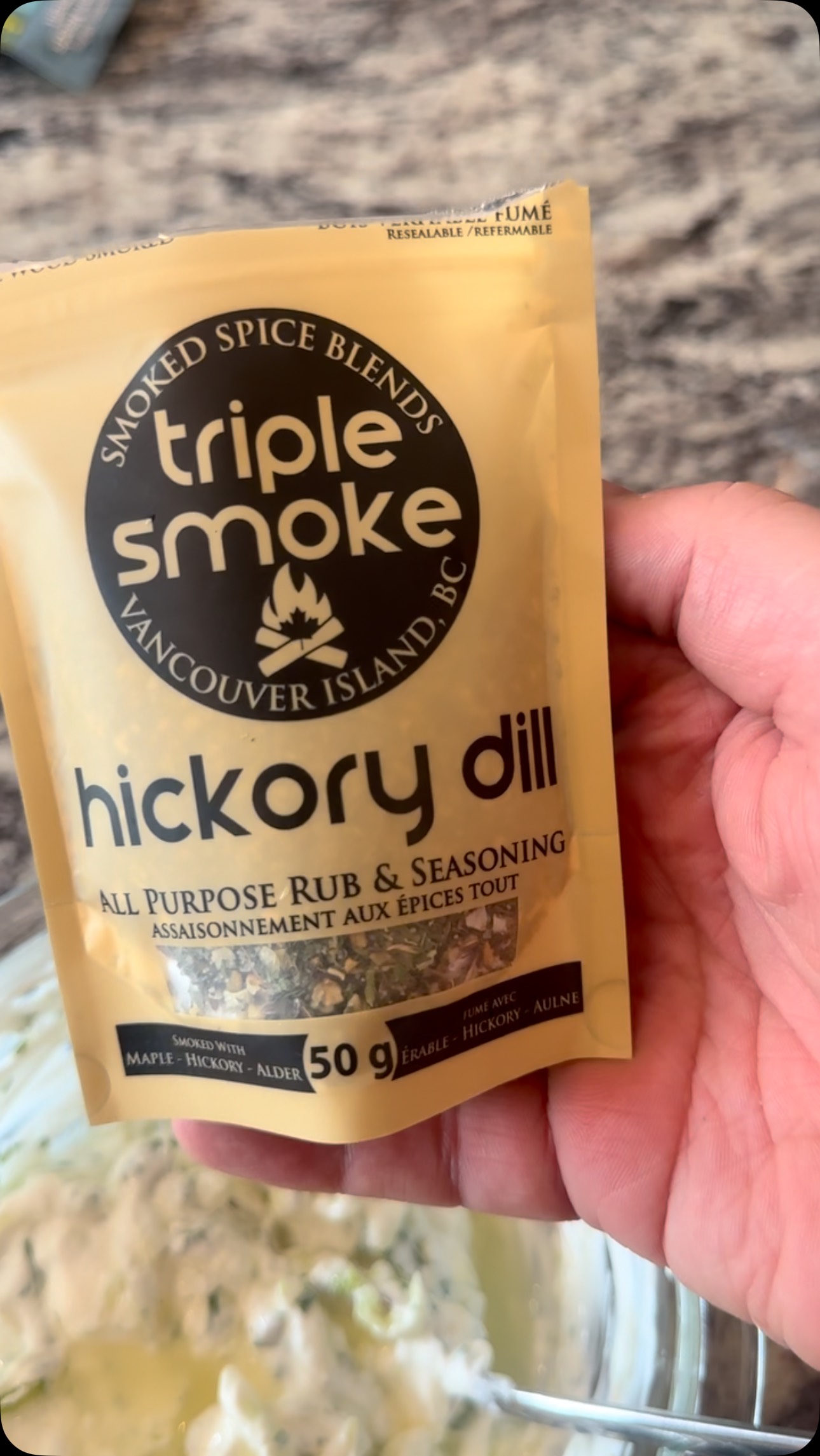 Easy Tzatziki with a touch of smoke.
#hickorydill #tzatziki #triplesmoke #allnatural #canadianbrand
1/4c Greek yogurt
1/4c sour cream
1/4 cucumber shredded, squeezed and drained
1/2 lemon-juice of.
1 1/2 - 2 tbsp Hickory Dill
Pinch of pepper and I like fresh parsley in mine.