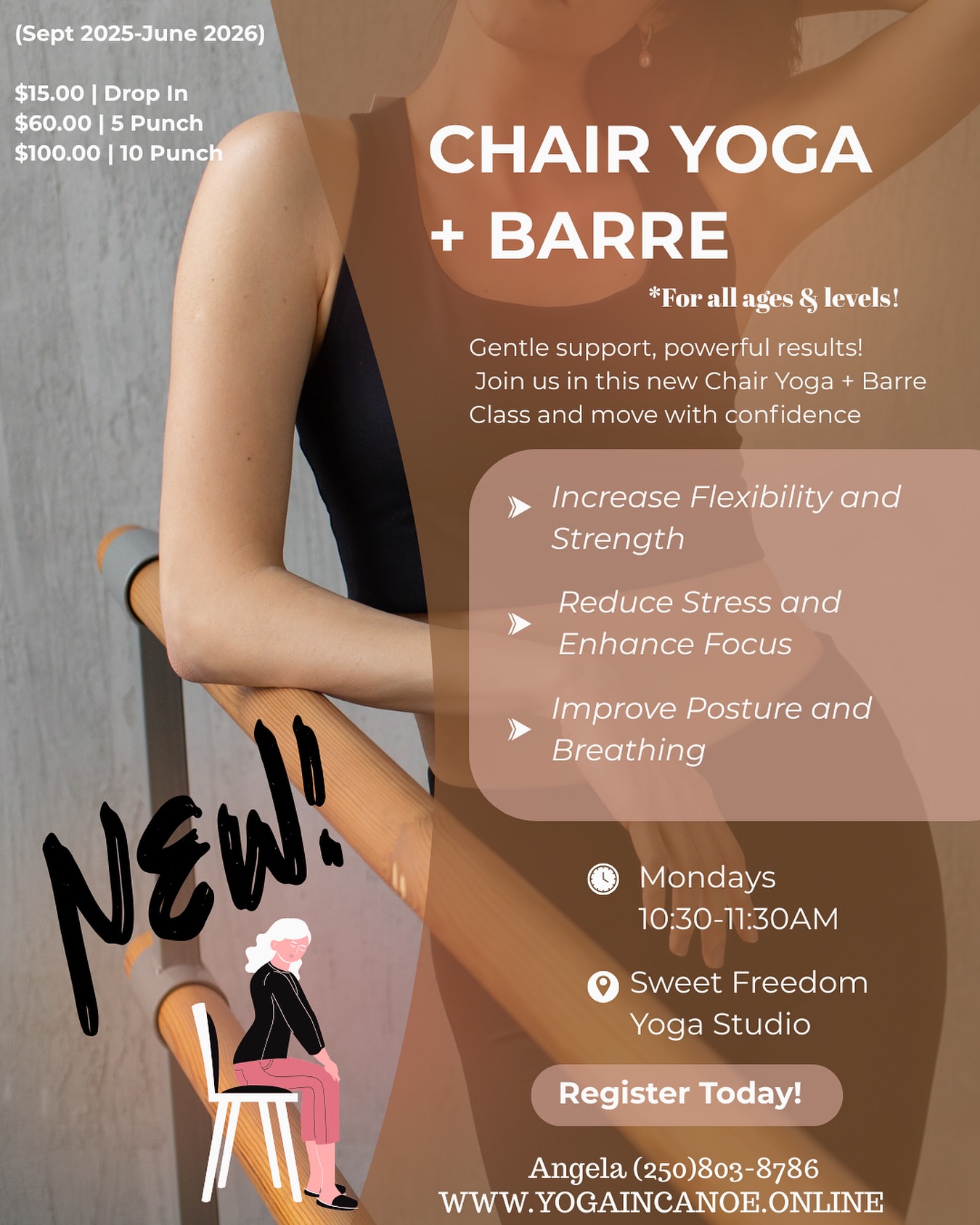 ✨ New Class at Sweet Freedom Yoga! ✨
🪑🌿 Chair Yoga + Barre blends the gentle support of chair yoga with the strength and balance of barre.
This unique combination is designed for all ages and levels — helping you move with confidence, ease tension, and build strength in a supportive way.
💫 What you’ll gain:
✔ Improve posture & breathing
✔ Increase flexibility & core strength
✔ Reduce stress & enhance focus
📅 Mondays | 10:30–11:30 a.m.
📍 Sweet Freedom Yoga Studio
💲 Drop In $15 | 5 Punch $60 | 10 Punch $100
👉 Register today at www.yogaincanoe.online
(LINK IN BIO)
#ChairYoga #BarreFitness #SweetFreedomYoga #YogaEveryBody #GentleStrength #MoveWithSupport