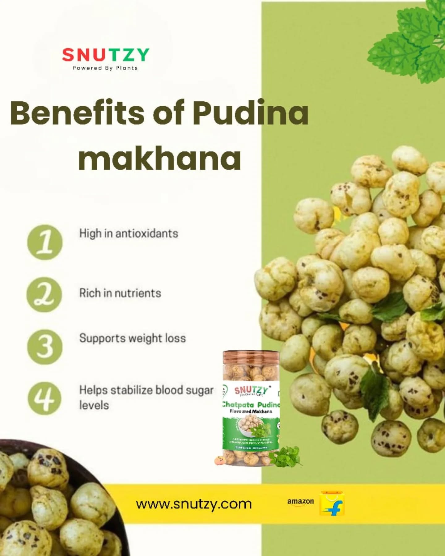 🌿 Crunch your cravings the healthy way! ✨
Snutzy Pudina Makhana = Light, tasty & full of benefits:
✅ Low in calories
✅ High in protein & fiber
✅ Perfect for weight management
✅ Rich in antioxidants
Stay fit, stay fresh with every minty bite! 💚
#Snutzy #PudinaMakhana #HealthySnack #MintyFresh #ProteinRich #Antioxidants #WeightLossSnack #GuiltFreeSnacking #HealthyLifestyle #SnackSmart