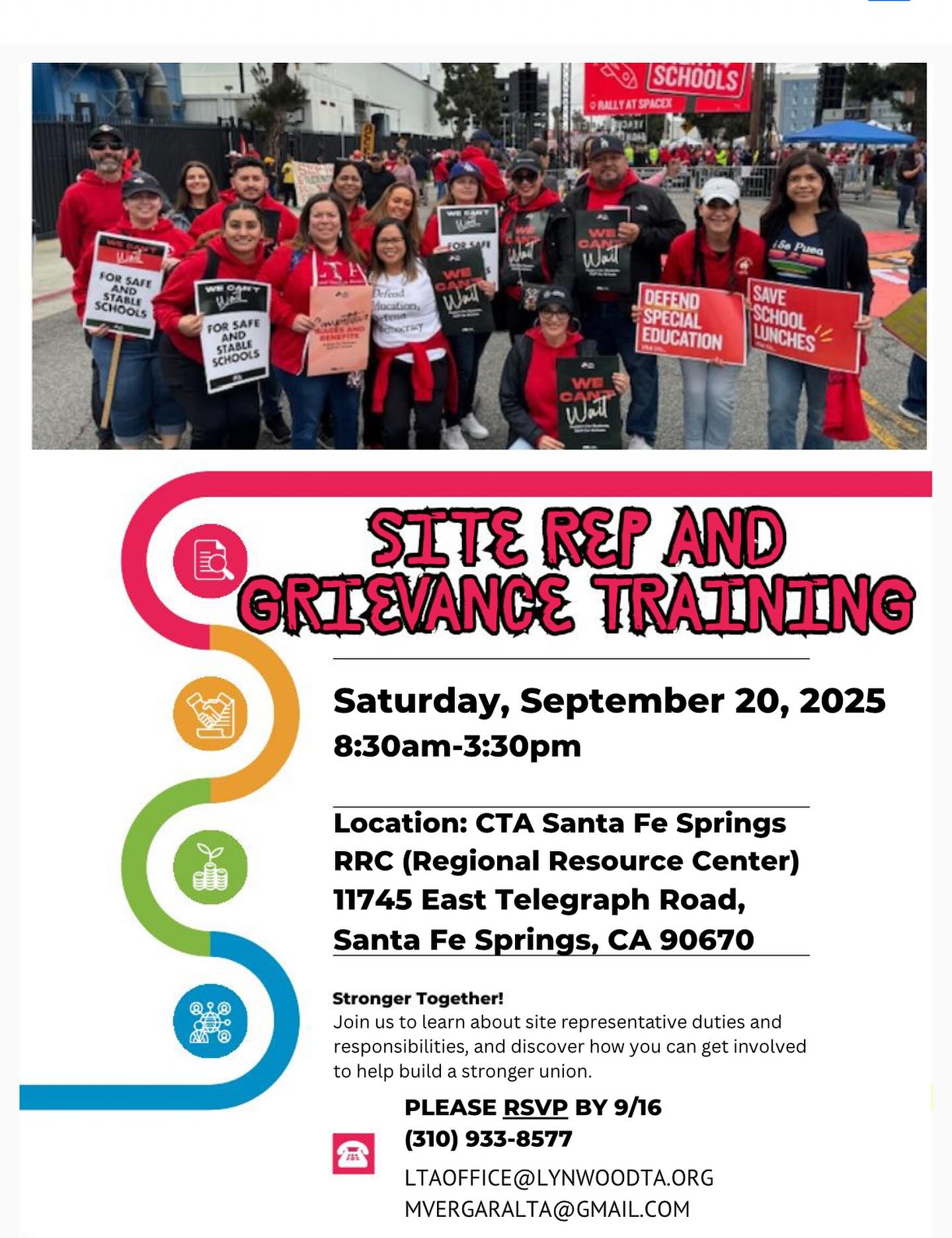 Rep and Grievance Training on Saturday, September 20 at CTA office in Santa Fe Springs. #wecantwait #strongertogether #wearecta