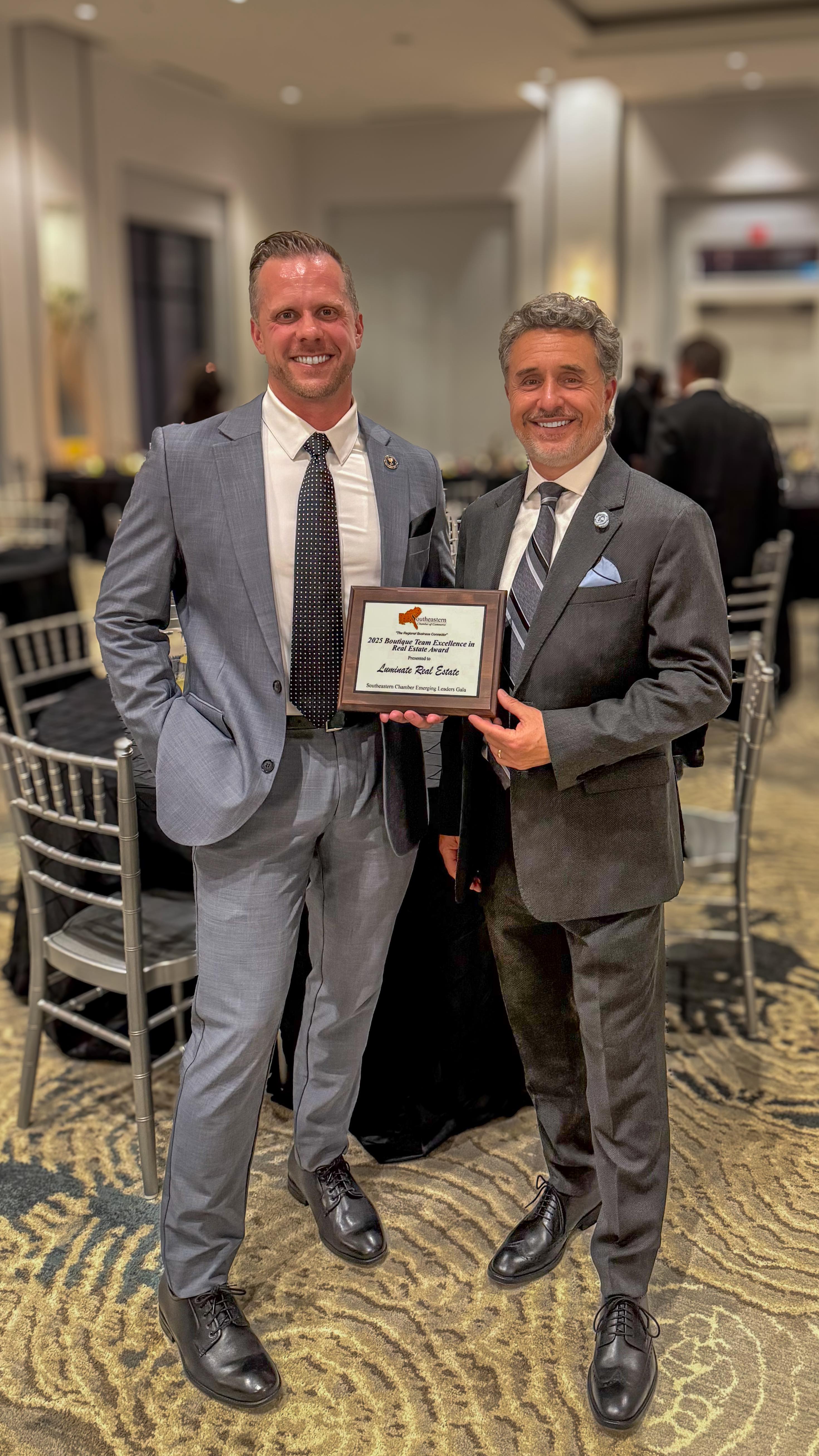 ⨠Honored & Grateful āØ
Recently, LUMINATE Real Estate was recognized by the Southeastern Chamber of Commerce with the Excellence in Real Estate Award at their 20th Anniversary Emerging Leaders Gala in Charleston, SC. It was in recognition of our leadership, modern approach to client care, and creative branding.
Weāre grateful for this recognition and proud to serve our community with dedication, professionalism, and care. Thank you to our clients, partners, and neighbors who make this work so rewarding!
āRyan and Jon