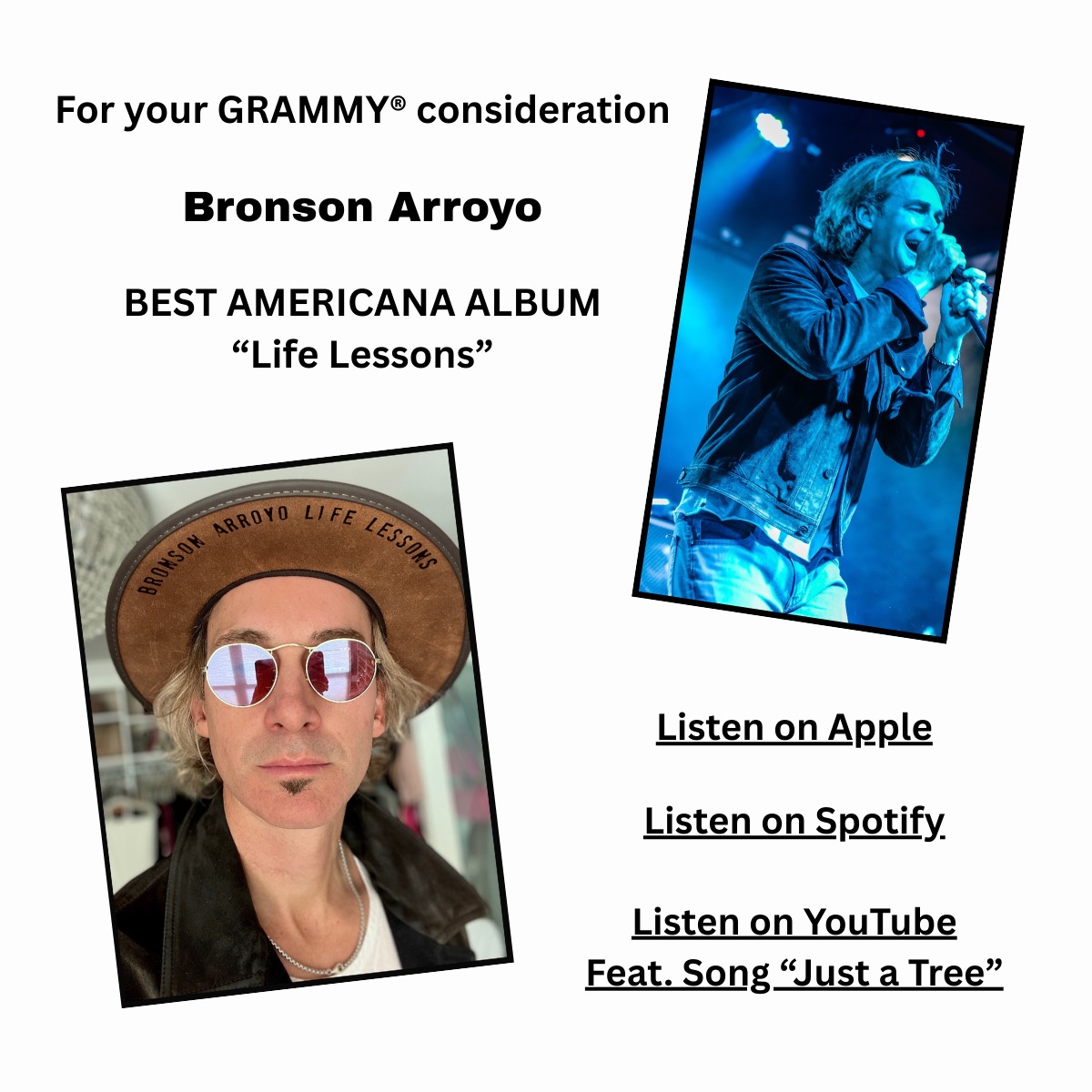 For your GRAMMY® consideration.
After a successful MLB career and World Series Champion, @bronsonarroyo61 makes a statement with his debut original solo artist album "Life Lessons". This project features 8 songs inspired by some of his most cherished personal life stories.
Listen here:
https://album.link/Bronson-Arroyo-Life-Lessons
