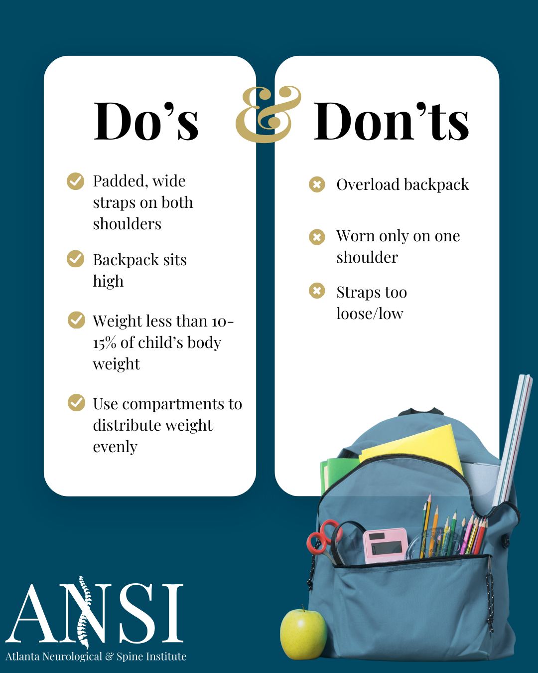 Heavy backpacks = sore spines. Keep kids safe with padded straps, both shoulders, and weight <10–15% of body weight.
.
.
.
#ANSI #AtlantaSpineExperts
