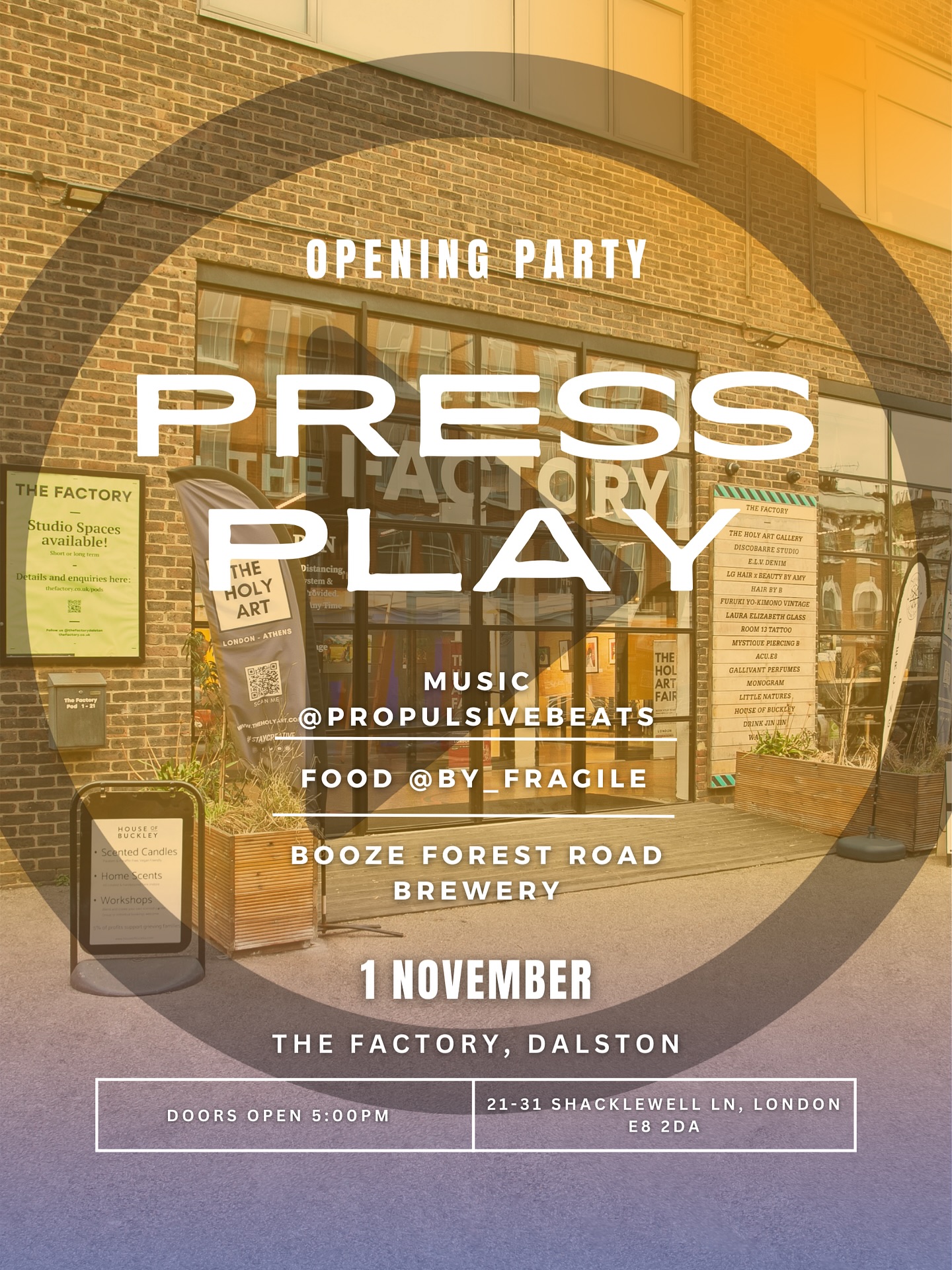 OPENING FIESTA
Yes the opening party is booked!
You’re all invited, clients, friends (old and new). Hope you can all pop by! There will be delicious food by @by_fragile , plenty of booze supplied by the lovely people at @forestroadbrew (it’s all free, so you got no excuse not to come) and of course banging tunes supplied by @propulsivebeats
Looking forward to seeing you all there!