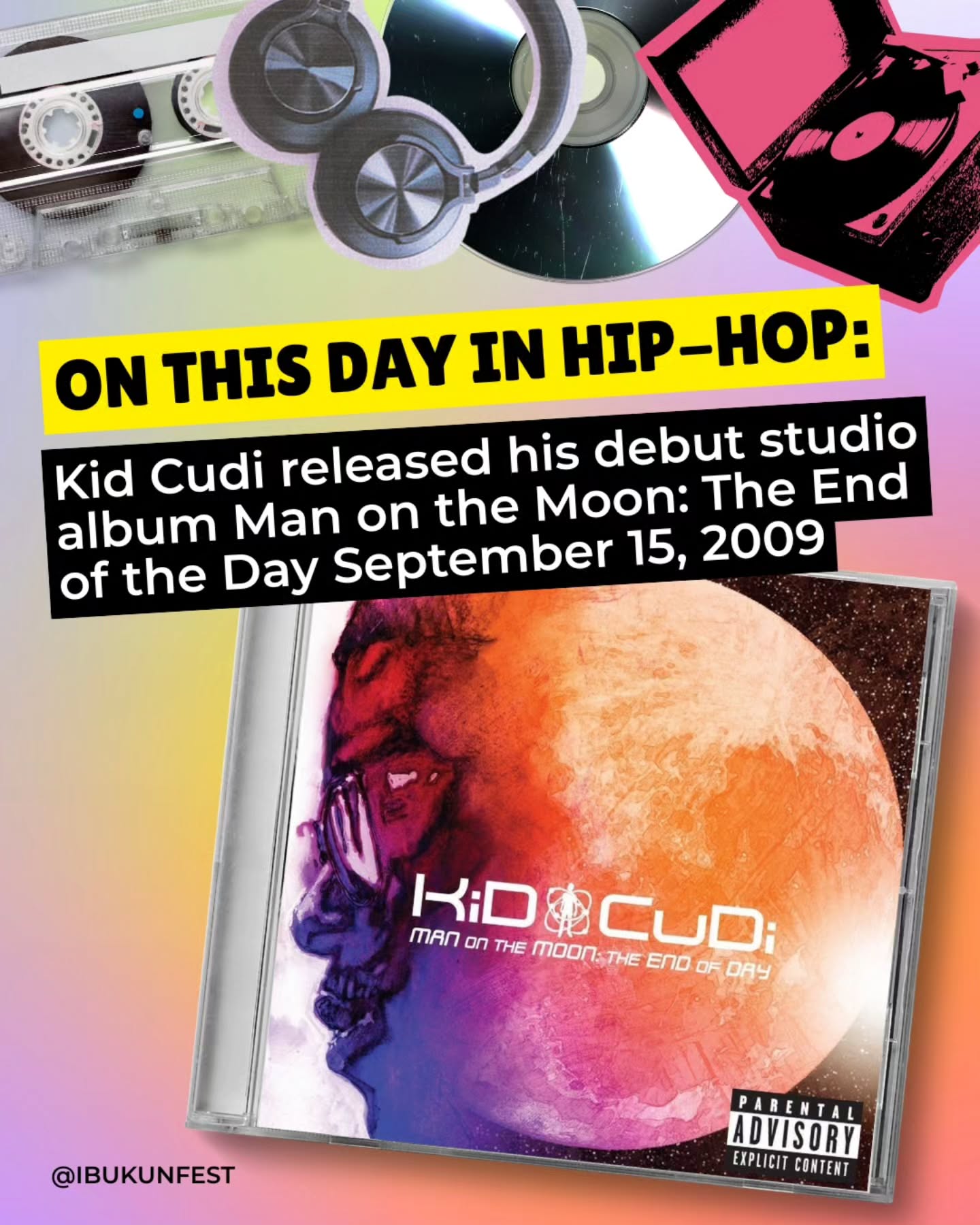 NEW SERIES ALERT! Welcome to Day One of "On This Day in Hip-Hop," a series to celebrate the births, milestones, evolution, and progress of artists and music within hip-hop.
First up, today in 2009, @kidcudi released his debut studio album "Man on the Moon: The End of the Day." Do you remember his song "Day N' Nite" being everywhere? ππΎ