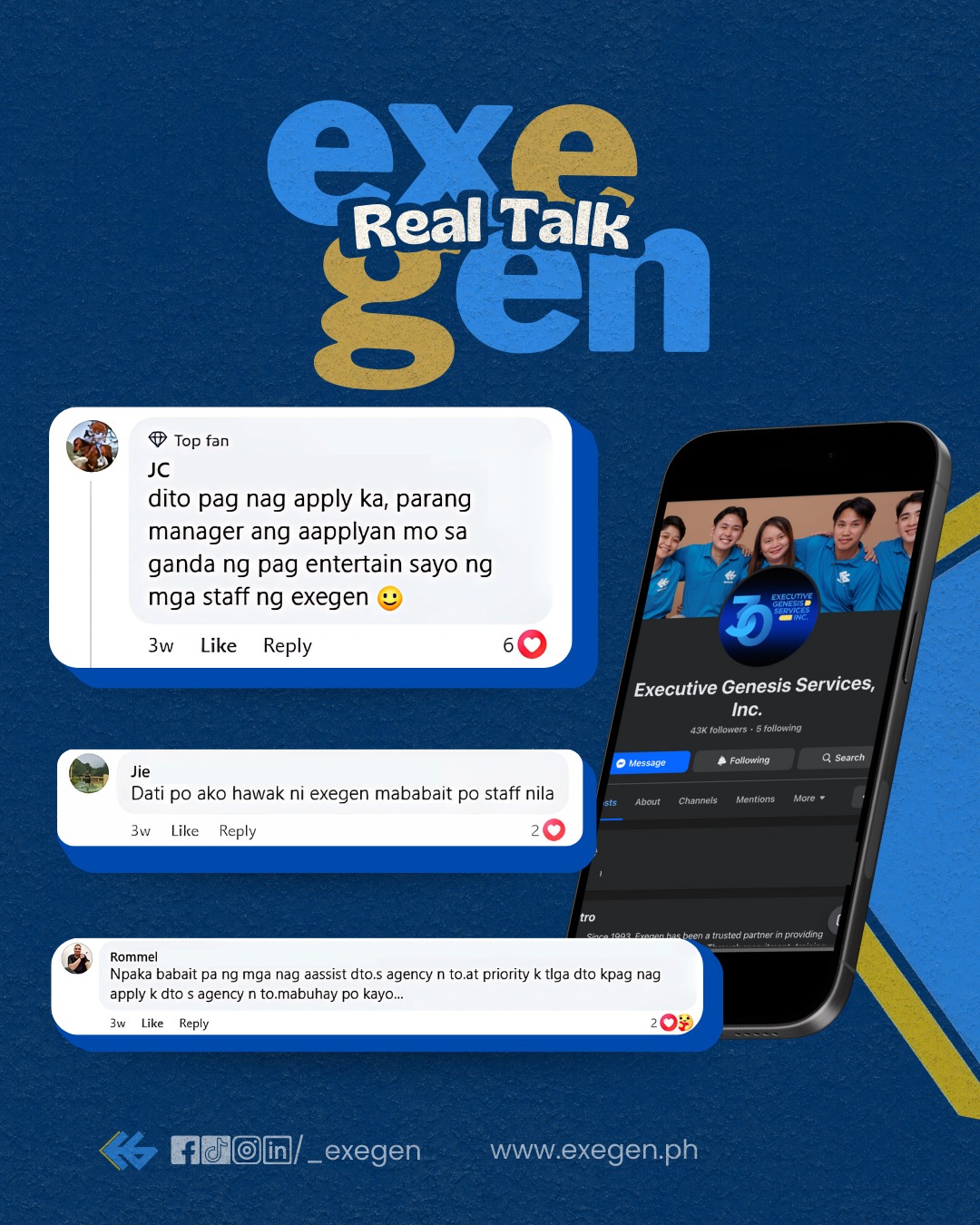 Real talk. Real people. Real growth 💙
Here’s what our employees and applicants are saying about their journey with us 💬
🤝 Apply now: https://tinyurl.com/EXEGEN-APPLY-NOW
#ExeGen #WeDevelopPeople #HiringPH #Agency