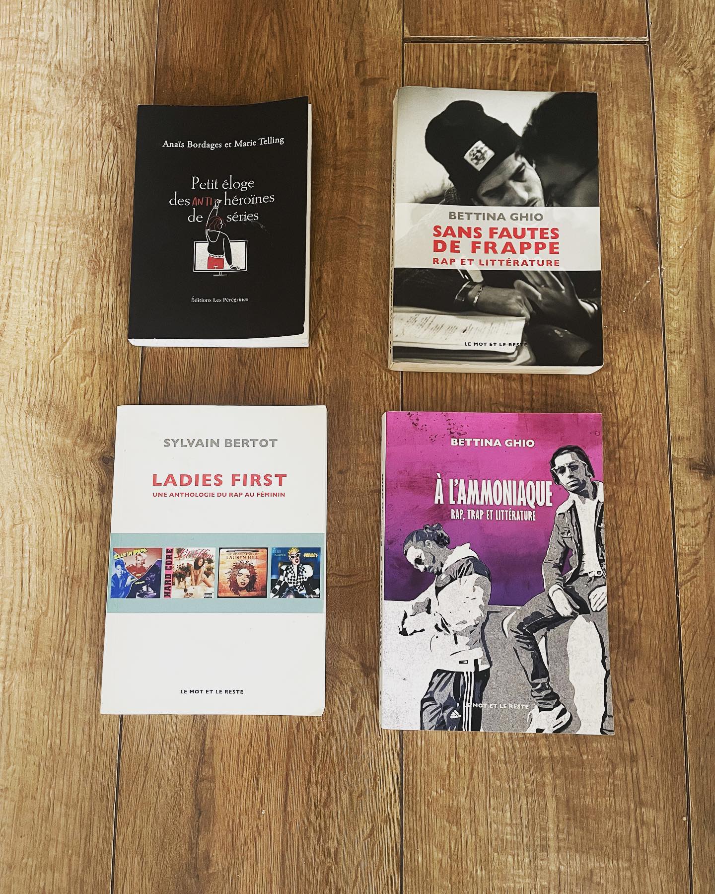Des essais et de la pop culture
📺 1. Petit éloge des anti-héroïnes de série
Anaïs Bordages et Marie Telling.
🎤 2 . Sans fautes de frappes
Rap et littérature
Bettina Ghio
🎵3. Ladies First
Une anthologie du rap au féminin
Sylvain Berthot
🎶 4. A l’ammoniaque
Rap, trap et littérature
Bettina Ghio
Et vous, les avez-vous lus ?
Quelles sont vos suggestions pour enrichir cette sélection ?
#lirelirelire #livreaddict #lemotetlereste #rapfrancais #livrestagram #livrestagrammer @lemotetlereste @bettinaghio @editionslesperegrines #bibliocoaching #readtoglow