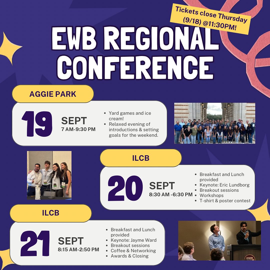 Will we be seeing you this weekend for the EWB Regional Conference??
Tickets will close tomorrow (Thursday) at MIDNIGHT!!! Buy your tickets now at the link in our bio for a guaranteed weekend of fun! 🙌🎉