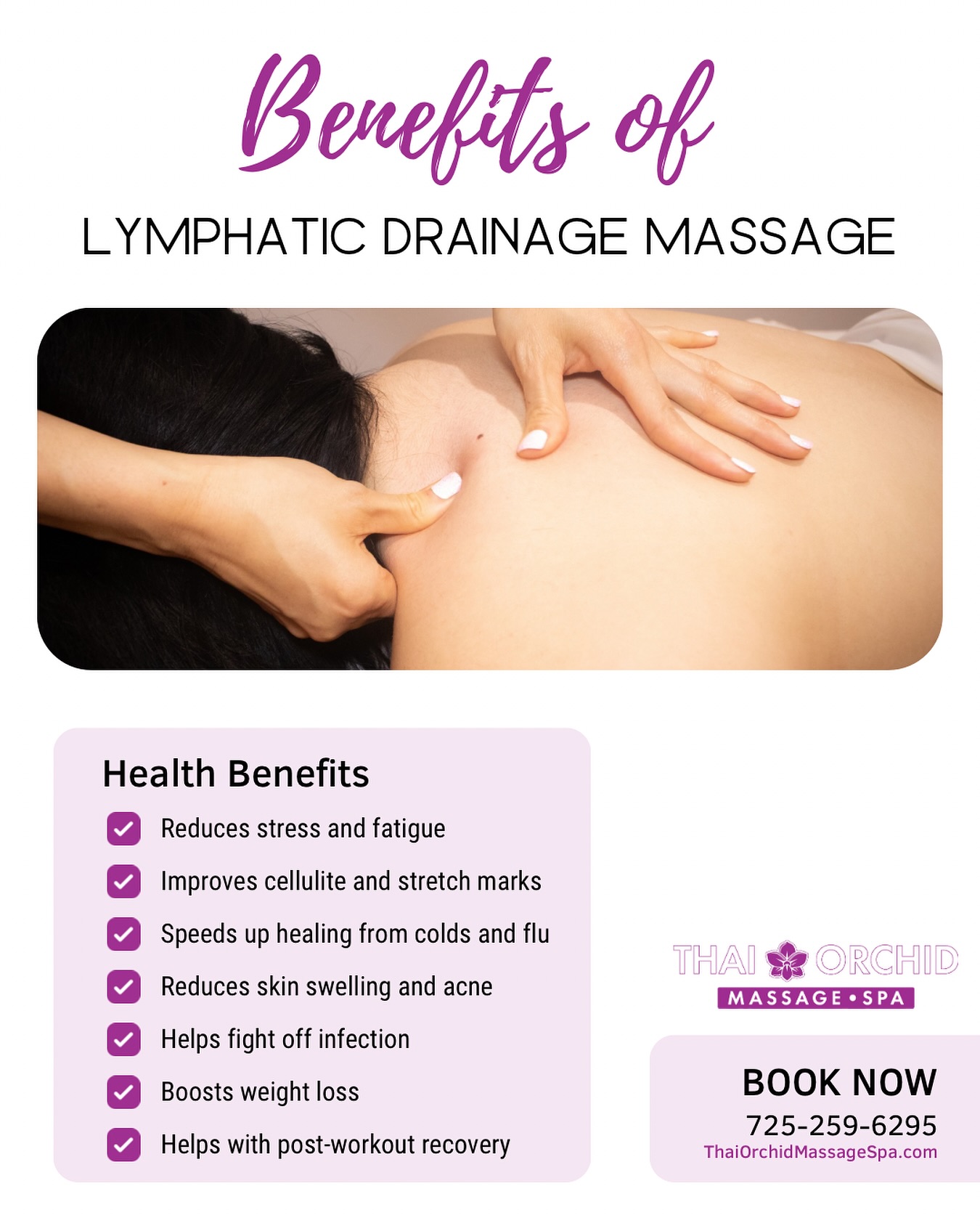 Lymphatic Drainage Massage (LDM) is a specialised, gentle massage technique designed to stimulate the bodyโs lymphatic system, which plays a crucial role in detoxification, fluid balance, and immune function. Unlike traditional massage, LDM uses light, rhythmic strokes that encourage the natural movement of lymph fluid, helping to eliminate toxins and reduce swelling. By targeting the lymphatic system, this therapy promotes overall wellness, relaxation, and a renewed sense of vitality.
HEALTH BENEFITS INCLUDE
๐ Reduces stress and fatigue
๐ Improves cellulite and stretch marks
๐ Speeds up healing from colds and flu
๐ Reduces skin swelling and acne
๐ Helps fight off infection
๐ Boosts weight loss
๐ Helps with post-workout recovery
BOOK TODAY
(725) 259-6295
www.ThaiOrchidMassageSpa.com
๐ 8414 Farm Road Suite 140
Las Vegas, NV 89131
๐ธ๐ธ๐ธ๐ธ๐ธ๐ธ๐ธ๐ธ๐ธ๐ธ
#lymphaticdrainage #lymphaticmassage #lymphaticdrainagemassage #lymphaticsystem #lymphatichealth #lymphatic #ldm #weightloss #weightlossgoals #weightlosshelp #weightlosstips #weightlossjourney #cellulitetreatment #cellulitereduction #stretchmarkremoval #postworkout #postworkoutmeal #workoutrecovery #exercises #lasvegasfitness #lvac #trufusionsummerlin #skyefitness #centennialhillslv #summerlin #summerlinlv #lasvegas #vegasrunner #lasvegasrunners #lasvegasyoga