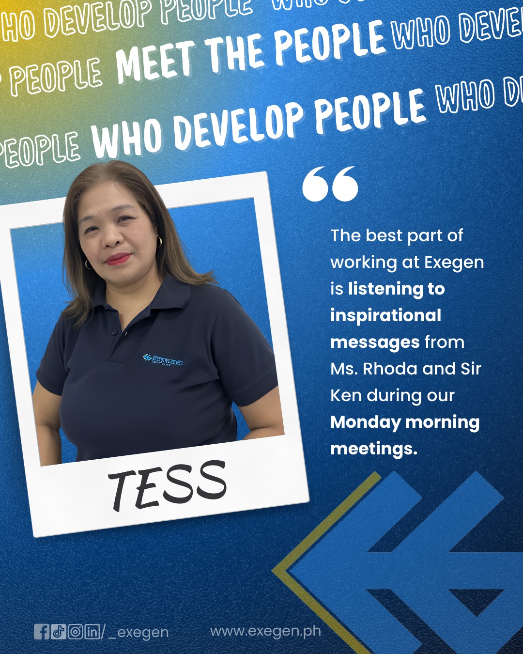 Meet Tess, our dedicated Payroll Specialist, who has been part of Exegen’s journey for 12 amazing years! 💙
At Exegen, we love starting the week with gratitude and good energy 🌟 Every Monday, our team gathers — not just to talk about work, but to reconnect, and share inspiration. These moments remind us that we’re more than colleagues — we’re one family, growing and lifting each other along the way 💼💙 It’s a culture that Tess truly values and lives by.
And Tess always reminds us of one simple yet powerful truth:
✨ Every gising is a blessing. Choose gratitude, choose happiness ✨
#WeDevelopPeople #ExeGenCareers #ExeGen #TrustedPartner #RecruitmentPH