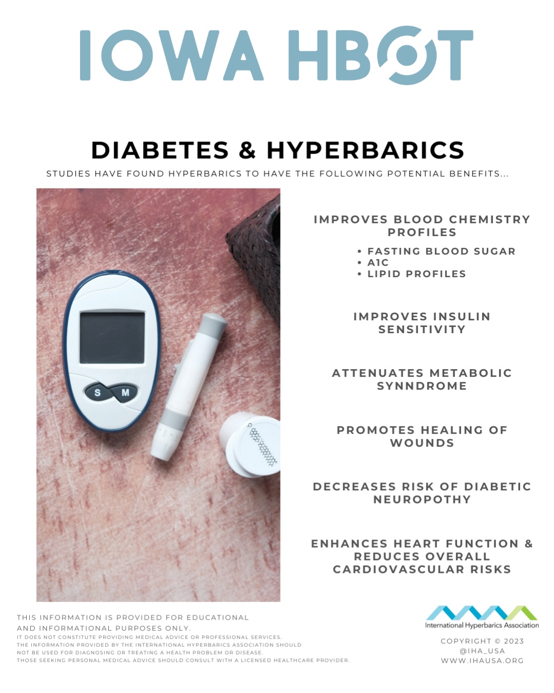 Check out this blog on Diabetes & Hyperbarics! https://www.iowahbot.com/post/diabetes-and-hyperbarics
Studies have found that hyperbaric oxygen therapy (HBOT) may provide the following potential benefits for those living with diabetes:
- Improves blood chemistry profiles (fasting blood sugar, A1C, lipid profiles)
- Improves insulin sensitivity
- Attenuates metabolic syndrome
- Promotes healing of wounds
- Decreases risk of diabetic neuropathy
- Enhances heart function & reduces overall cardiovascular risks
#DiabetesCare #HBOT #HyperbaricOxygenTherapy #DiabetesSupport #Healing #Wellness #IowaHBOT #HealthInnovation #WoundHealing