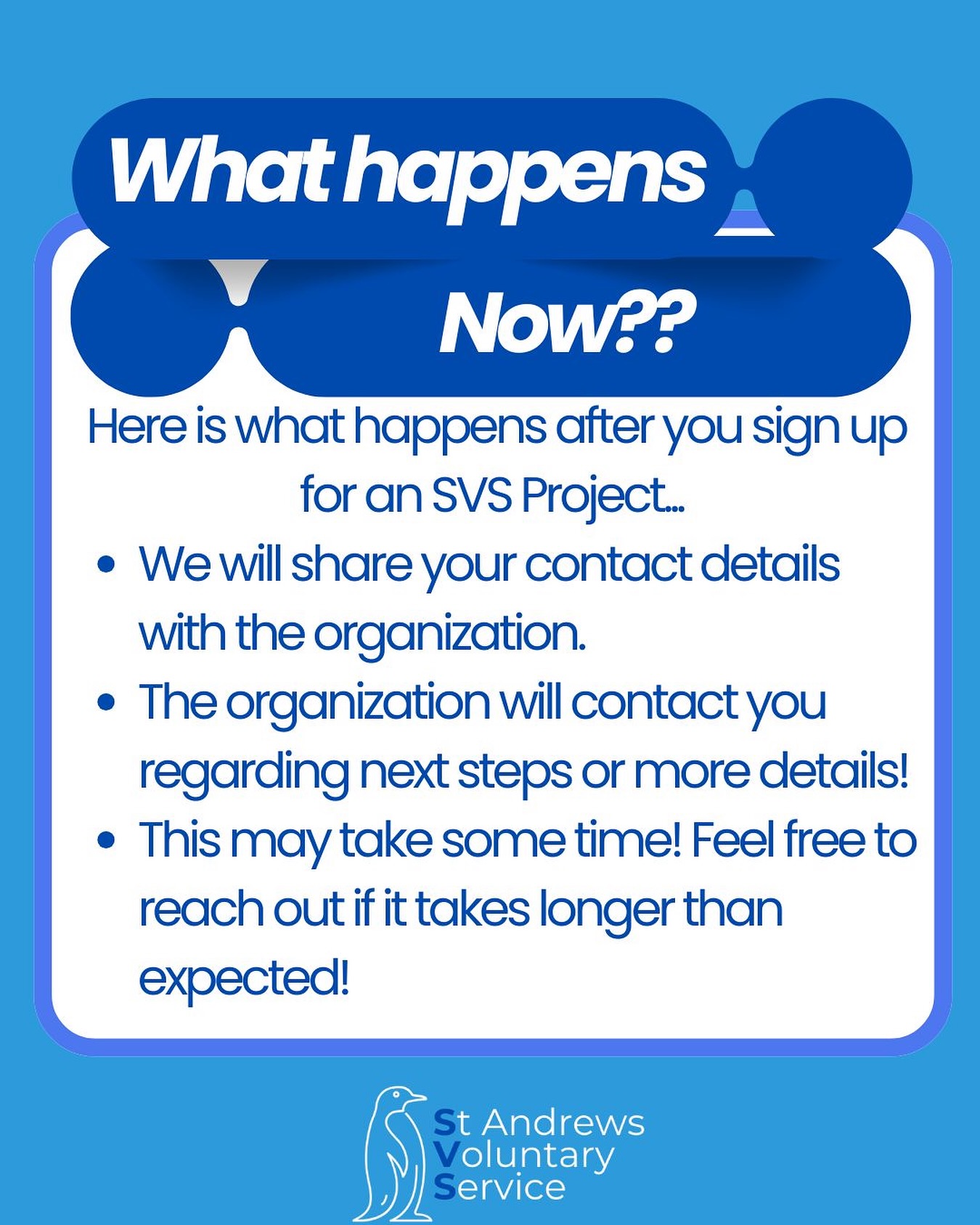 Want to know what happens next after signing up for an SVS project? Some projects have different processes, but don't worry, we'll be in touch! If it's been two weeks and you haven't heard anything, send us an email and we'll look into it! 💙