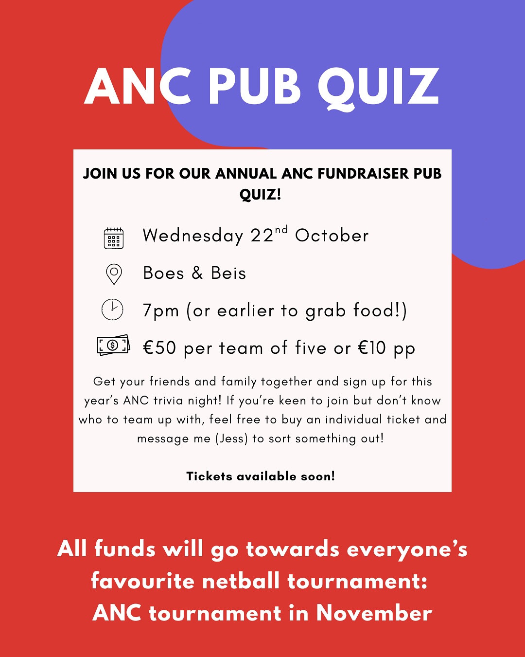 Our annual pub quiz is on Wednesday 22 October at our local cafe @boes_en_beis π§ Tickets at 10β¬ ποΈ We will organise teams of 5 on the night, or you can sign up as a team. Bring along your friends and family too! We will have a special netball quiz round - who will win?! π