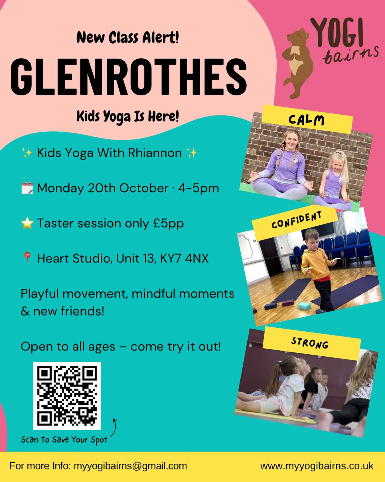 🌟 Glenrothes! Kids Yoga is here! 🌟
Fun, focus, confidence & calm – all rolled into one playful class.
Join Rhiannon at Heart Studio, Unit 13, KY7 4NX
📅 Monday 20th October · 4pm | 💷 Just £5 per child
✨ Open to all kids – come and give it a try!
👉 Spaces are limited – book your spot today, just follow the link in @myyogibairns bio 🐻