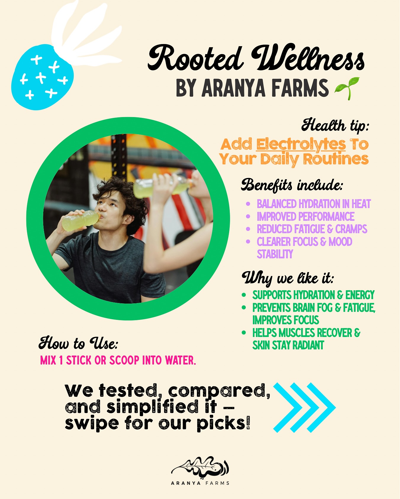Rooted Wellness Tip 🌱 Feeling drained in the Dubai heat? 🥵 Your body isn’t just craving water - it needs electrolytes.
Here’s why they matter: They keep hydration balanced, reduce cramps & fatigue, improve focus & mood, boost recovery & performance.
We tested, compared, and simplified the best electrolyte brands so you don’t have to.
👉 Everyday wellness? 👉 Heavy sweat loss? 👉 Clean + micronutrients? We’ve got you covered with our top picks inside ⬅️ Swipe to find your fit & sip smarter 💧
#AranyaFarms #RootedWellness #HydrationTips