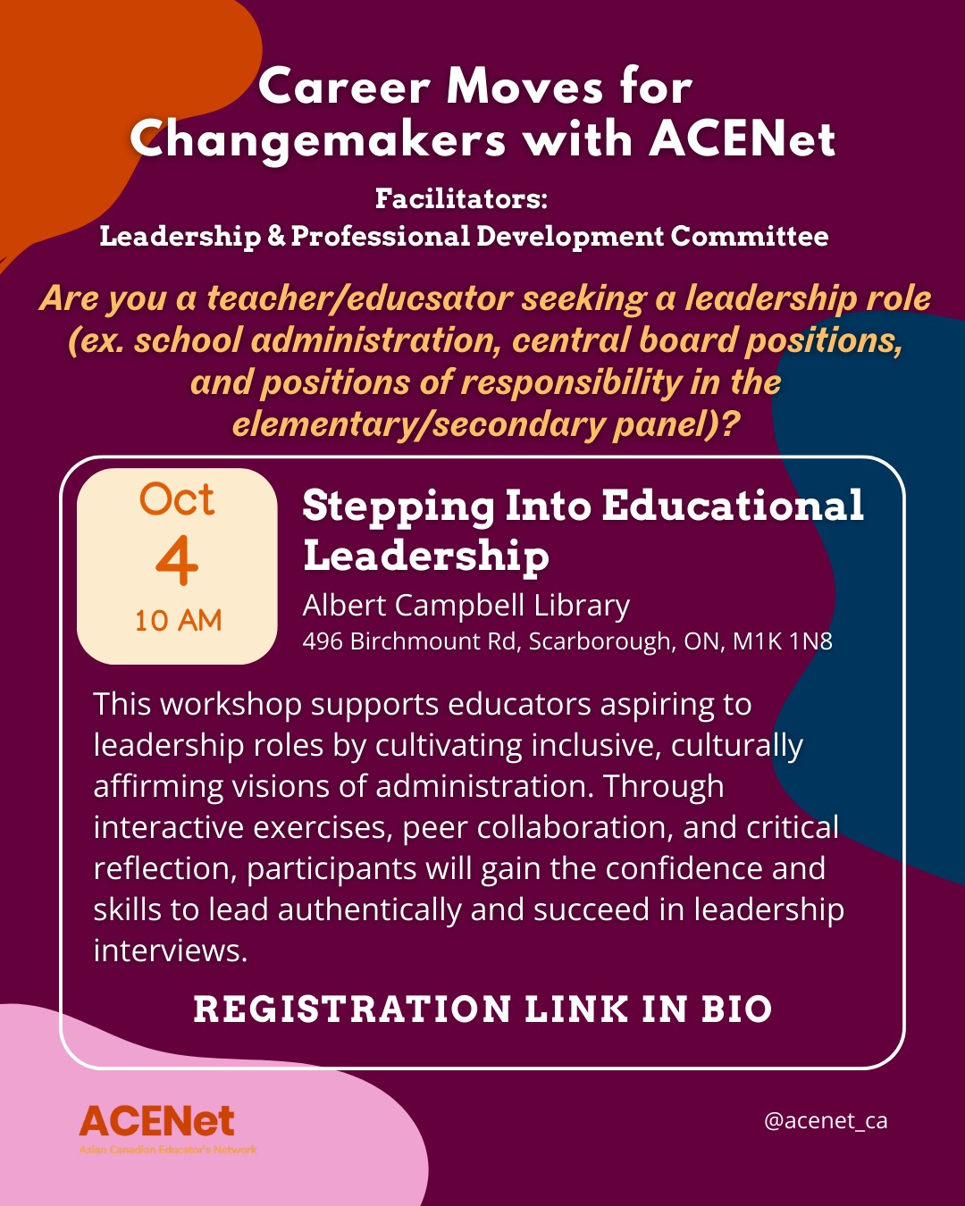 📣 Calling all educators!
Stepping into Educational Leadership
📅 Date: October 4, 2025
🕘 Time: 10 AM - 12 PM (2 hrs.)
📍 Location: Albert Campbell Library, 496 Birchmount Rd, Scarborough, ON, M1K 1N8
Registration link in bio!
This workshop supports educators aspiring to leadership roles by cultivating inclusive, culturally affirming visions of administration. Through interactive exercises, peer collaboration, and critical reflection, participants will gain the confidence and skills to lead authentically and succeed in leadership interviews.
Let’s build confidence, community, and counter-narratives together. 💬👥
aenetedu.ca
#ACENet #AntiRacismInEducation #AsianEducators #EquityInEducation #leadershipmatters
