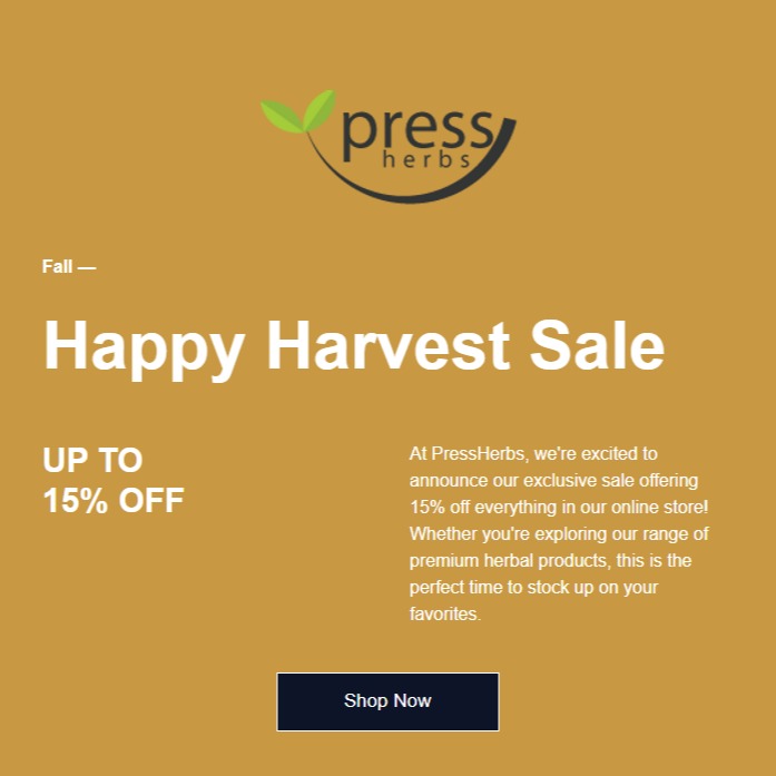 Happy Harvest Sale
Enjoy 15% off our entire website. Going on now until October 3rd. Stock up on supplies as the season changes.
#pressherbs
#tinctures
#herbal