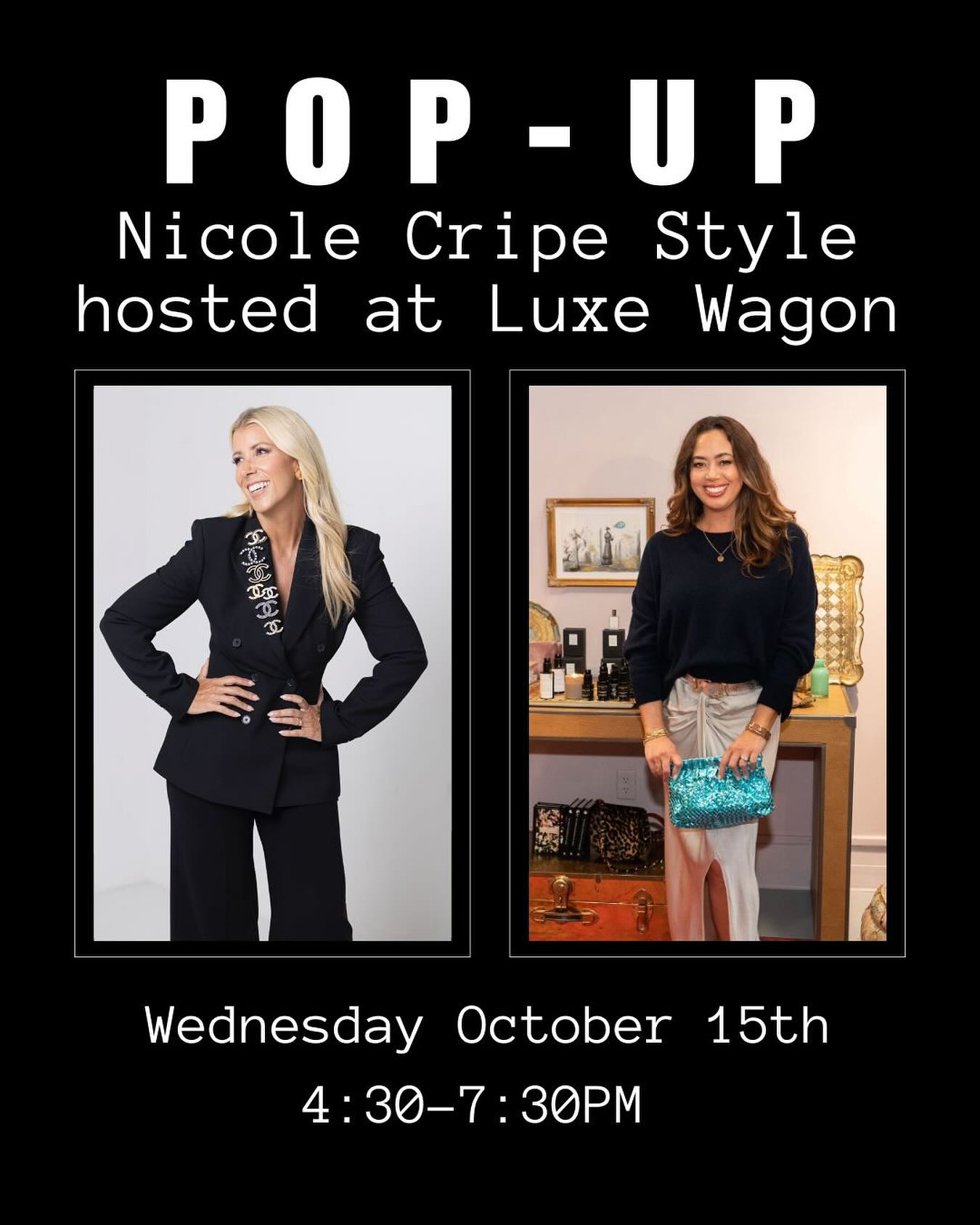 You’re invited to a TRULY LUXE evening featuring Nicole Cripe Style, hosted by Luxe Wagon ✨
📍 Luxe Wagon – 214 W. Cleveland Rd, Granger, IN
📅 Wednesday, October 15
⏰ 4:30–7:30 PM EST
Nicole and Paige have been friends for years, and they’re so excited to collaborate on this exclusive event — curated just for you and your friends.
Join them for a night of shopping the best of both of their worlds, while sipping champagne and enjoying light bites.
Nicole Cripe of @NicoleCripeStyle is a personal stylist turned luxury consigner. She curates stunning collections of new, like-new, pre-loved, and vintage designer pieces — including Chanel, Louis Vuitton, Gucci, Hermès, Dior, and more. Nicole primarily sells through Instagram and Facebook, ships nationwide, and guarantees 100% authenticity on every item.
@LuxeWagon is an elevated women’s boutique located in Granger, IN. What began over a decade ago as a fashion truck is now a thoughtfully curated brick-and-mortar boutique. Owner and curator Paige is always in search of beautiful pieces with a story, often inspired by her buying trips to New York City.
✨ Mark your calendars, gather your girlfriends, and join us for a truly unforgettable evening of luxe fashion, fun, and connection.