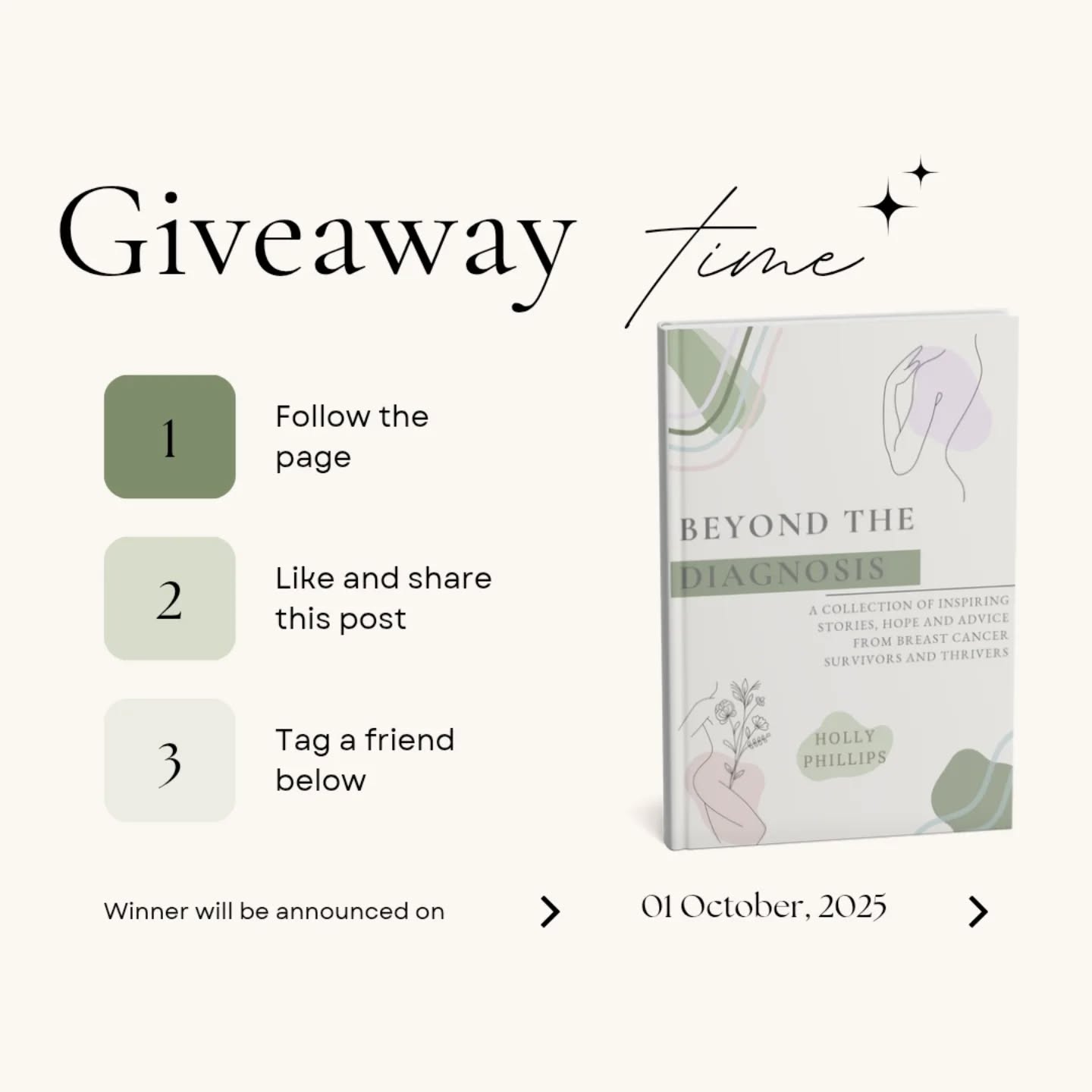 Reminder you still have 2 days left to win two copies of my book Beyond the Diagnosis!
How to Enter:
1️⃣ Follow my page
2️⃣ Tag 2 friends in the comments
3️⃣ Share the post to your story
Giveaway closes: 30th September at midday, winners announced the next day on my page to celebrate the release date and raise awareness and support for breast cancer awareness month!
Please share even if you don't want a copy as you may know someone who needs this book right now more than ever!
Holy x
#lifeaftercancer #BookComingSoon #breastcancercommunity #breastcancerawareness #breastcancersupport #positivebreastcancerstories #secondarybreastcancer #primarybreastcancer #breastcancer #breastcancerunder40 #breastcancerunder30 #breastcancerthriver #positivity