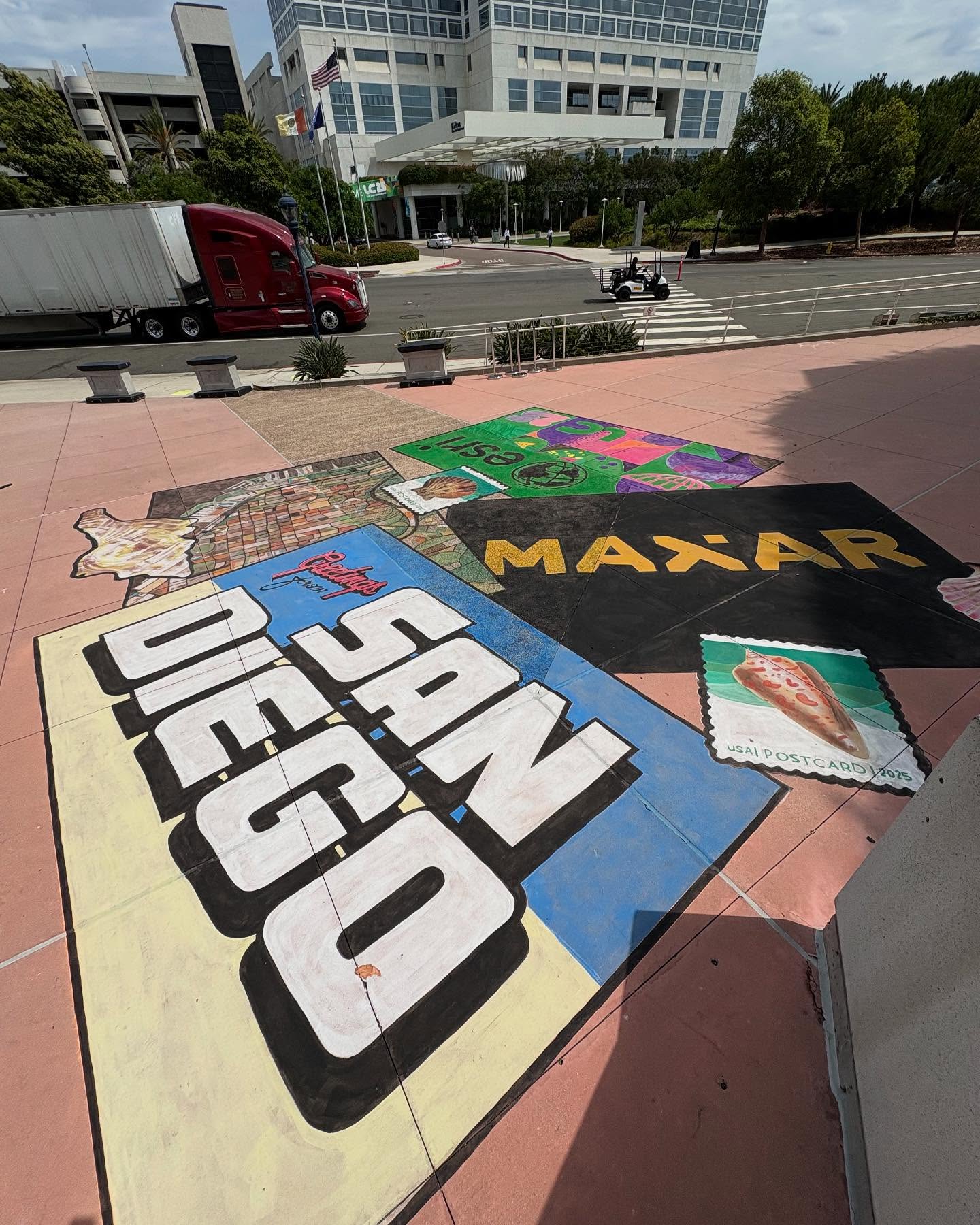 The largest chalk piece I’ve ever done! 25’x25’ made over three days of work this summer. It was for a satellite company that wanted to take a photo of it from space, but it was too cloudy so that didn’t happen. 😞 The idea was to have something simple that could photograph well from a satellite. It’s supposed to look like a stack of postcards and some stamps and shells with a San Diego vibe! This was my first piece using the Meta Quest 3, which saved me hours and hours of prep work. I’m thrilled with how it turned out even though we didn’t get a photo of it from space. Craftsmanship 💯
#SanDiegoChalkArtist #SatelliteArt #SanDiegoArt #ChalkArt #StreetPainting #MetaQuest3 #ChalkArtist