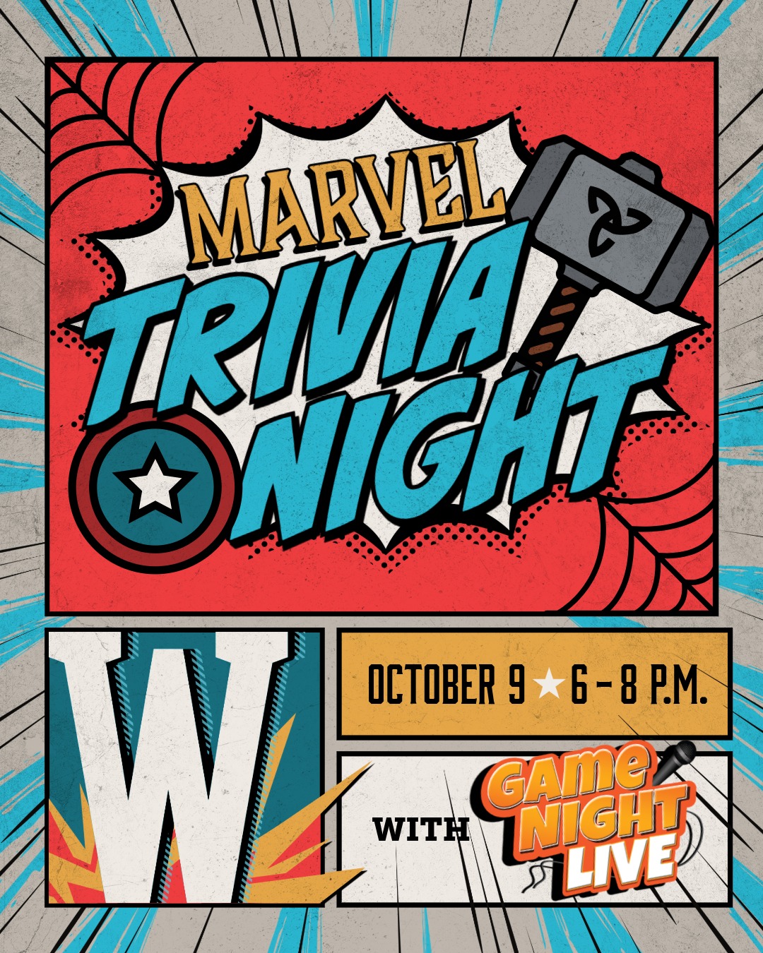 Know your vibranium from your venom? Can you quote Stark like it's second nature? Then you’ve got what it takes for Marvel Trivia Night. Roll deep with your trivia team, grab your go-to bites from the hall, and flex that superhero brainpower. We’re talking big-screen blockbusters, deep comic cuts, and everything in between. No spandex required... but smart mouths and solid costumes might score you extra cred.
Thursday, October 9th • 6 to 8 p.m.
Free for all ages
Presented by Game Night Live