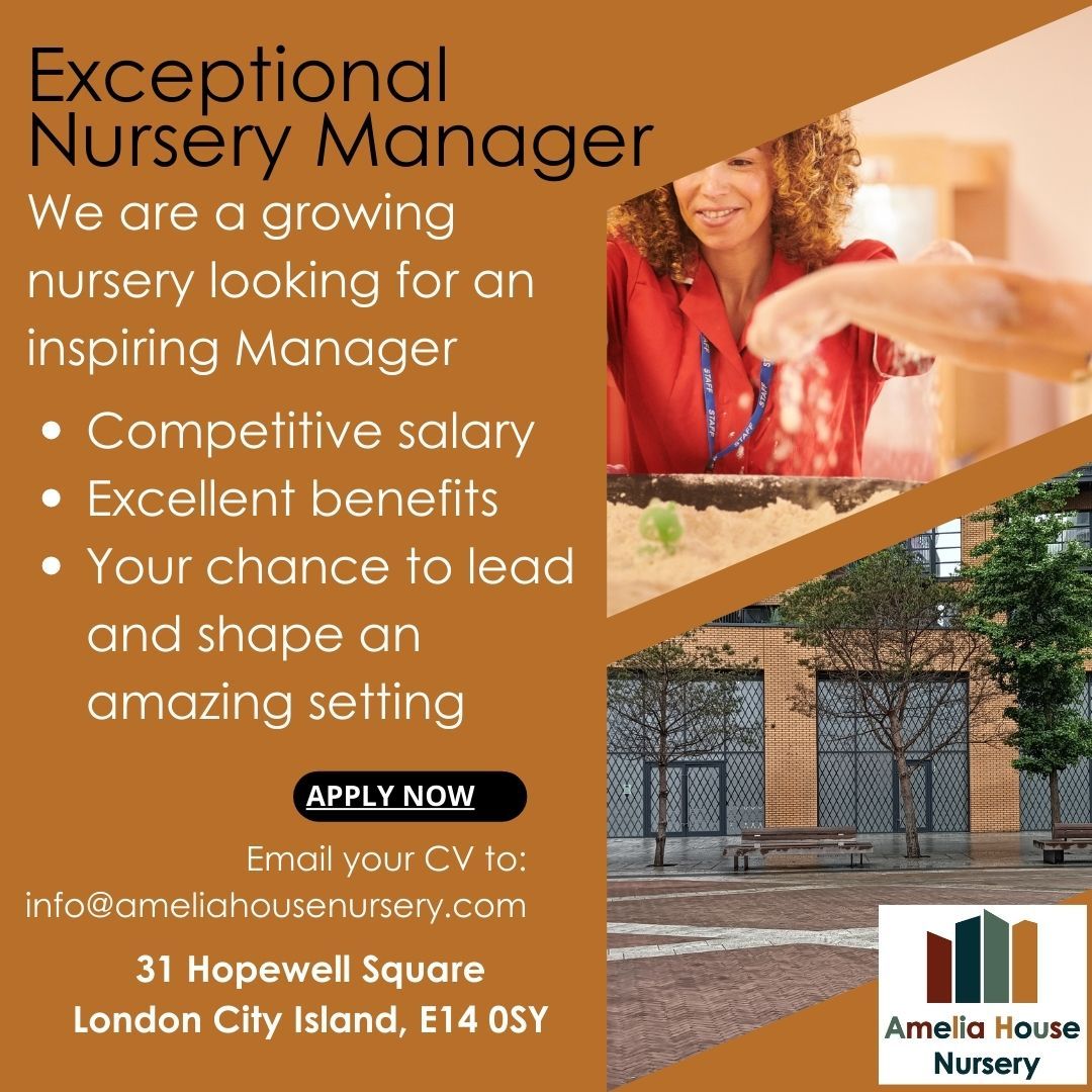 Can you lead a team of Nursery Educators with the support of 2 Deputies to provide exceptional care and education for up to 60 children?
We are looking for a capable, confident and experienced Nursery Manager to complete our team. We need someone with strong organisational skills and great interpersonal skills.
Competitive salary and support from the Directors. Contact us now if you are up for the challenge
#nurseryjobslondon
#nurserymanager
#childcarecareers
#londoncityisland
