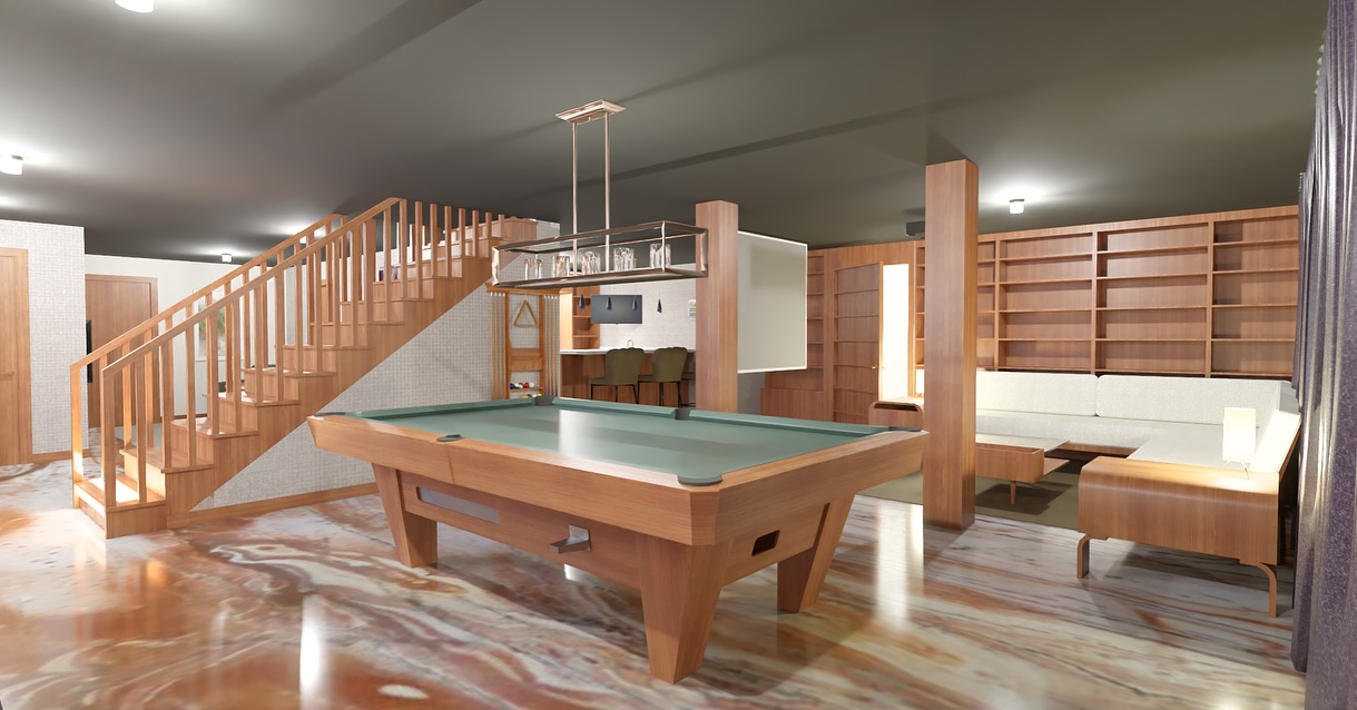 Why have a basement when you can have a speakeasy? 🍸
Loose concept here, for space planning a future basement project, complete with secret bookshelf door, billiards, wet bar, and lounge area with drop down projector screen. Velvet drapes and glossy swirled concrete flooring will pair surprisingly well I think!
#riinteriordesigner
#basementdesign
#speakeasy