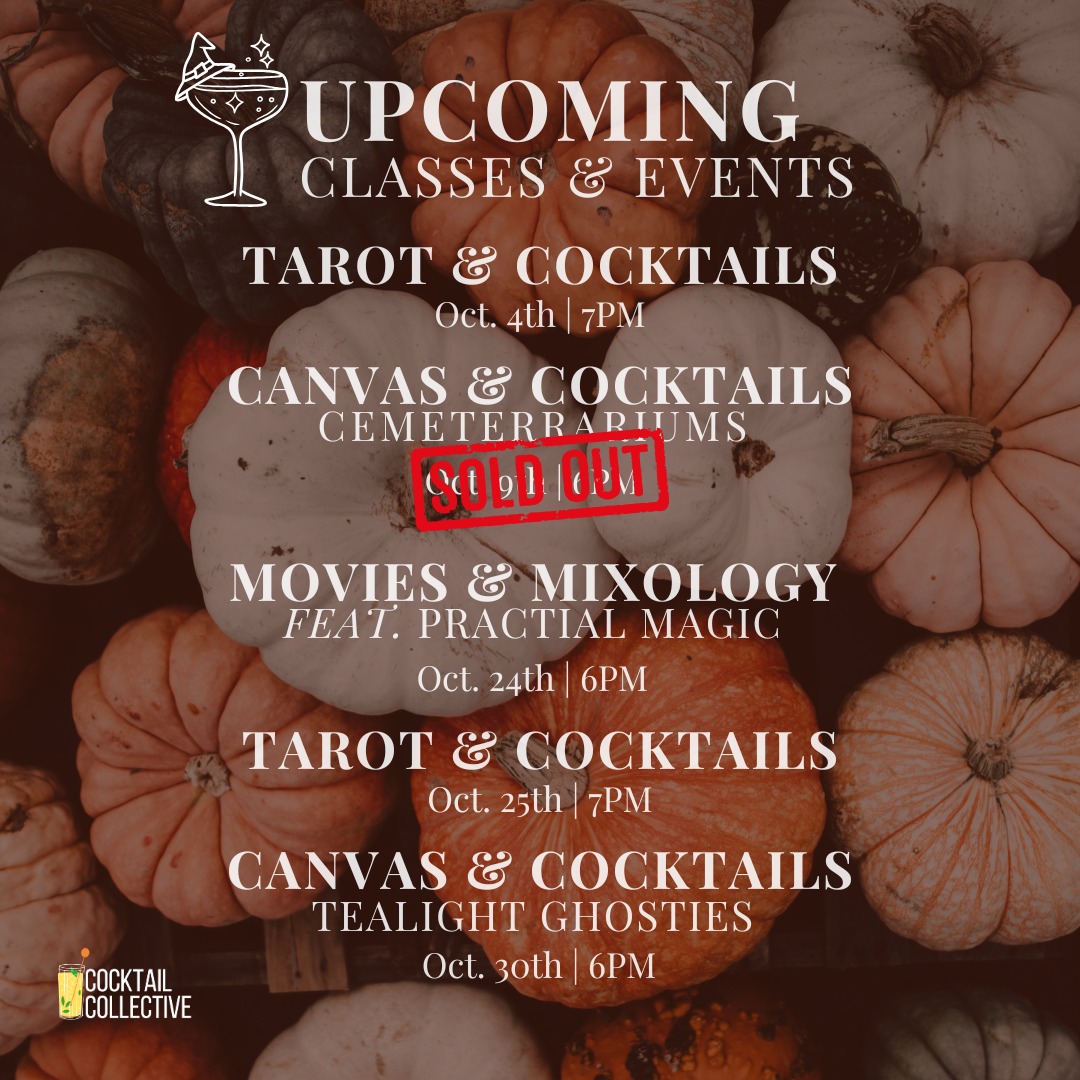 October at the Cocktail Collective is looking deliciously spooky 👻🍸
Whether you’re here for tarot, Practical Magic, or the cutest little ghostie crafts—we’ve got a seat with your name on it.
✨ Oct 4 – Tarot & Cocktails
🎥 Oct 24 – Movies & Mixology: Practical Magic
✨ Oct 25 – Tarot & Cocktails
🕯️ Oct 30 – Canvas & Cocktails: Tealight Ghosties
(Cemeterarium class is SOLD OUT!)
Tap the link in bio to grab your spot! 🎃 Must be 21+
#SpookySeasonSips #CocktailCollective #TarotAndCocktails #FallEvents #SLCThingsToDo #CraftCocktails #HalloweenVibes #BlackOwnedBusiness
