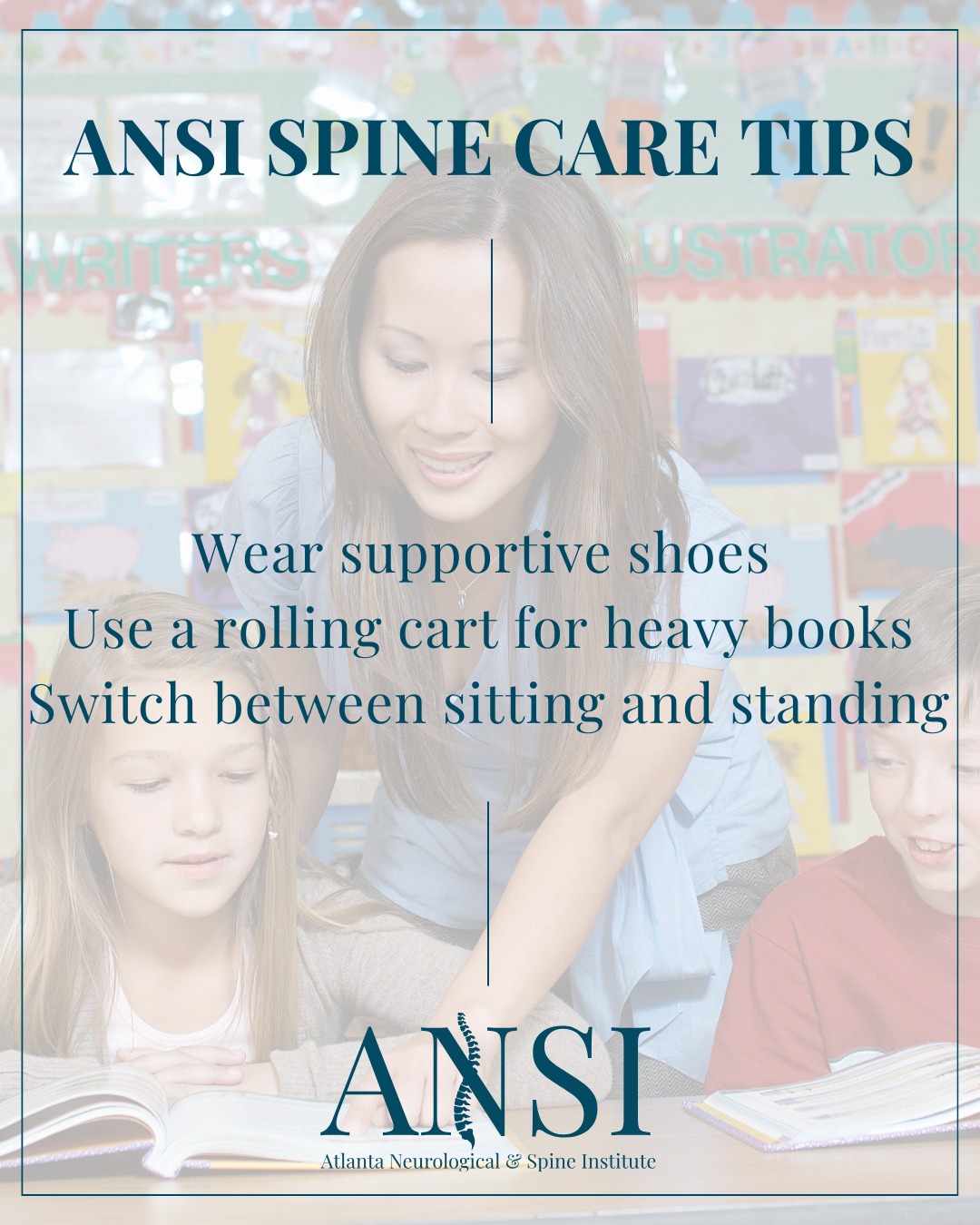 Teachers—your back works overtime too.
✔ Wear supportive shoes
✔ Use a rolling cart for heavy books
✔ Switch between sitting and standing when possible
Strong posture = stronger teaching days.
.
.
.
#ANSI #AtlantaSpineExperts