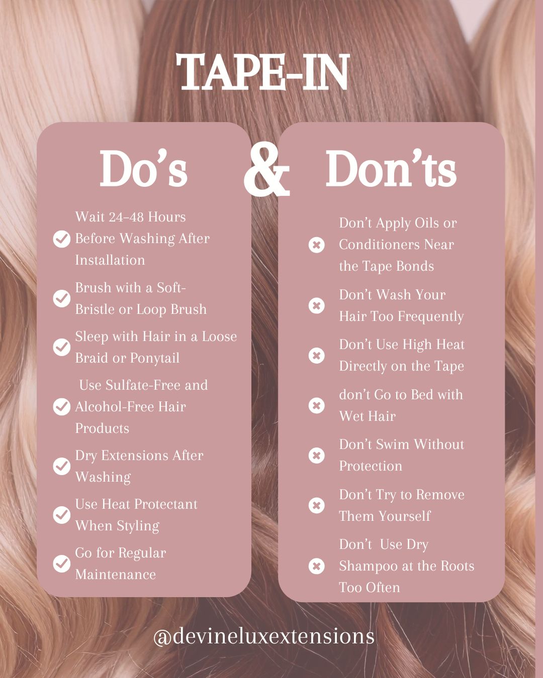 We want you to have the best extensions experience! Make sure to follow the proper aftercare and use the right shampoo, conditioner and leave-in to keep your extensions healthy!
#devineluxextensions #extensions #kelowna #kelownasalon #kelownaextensions