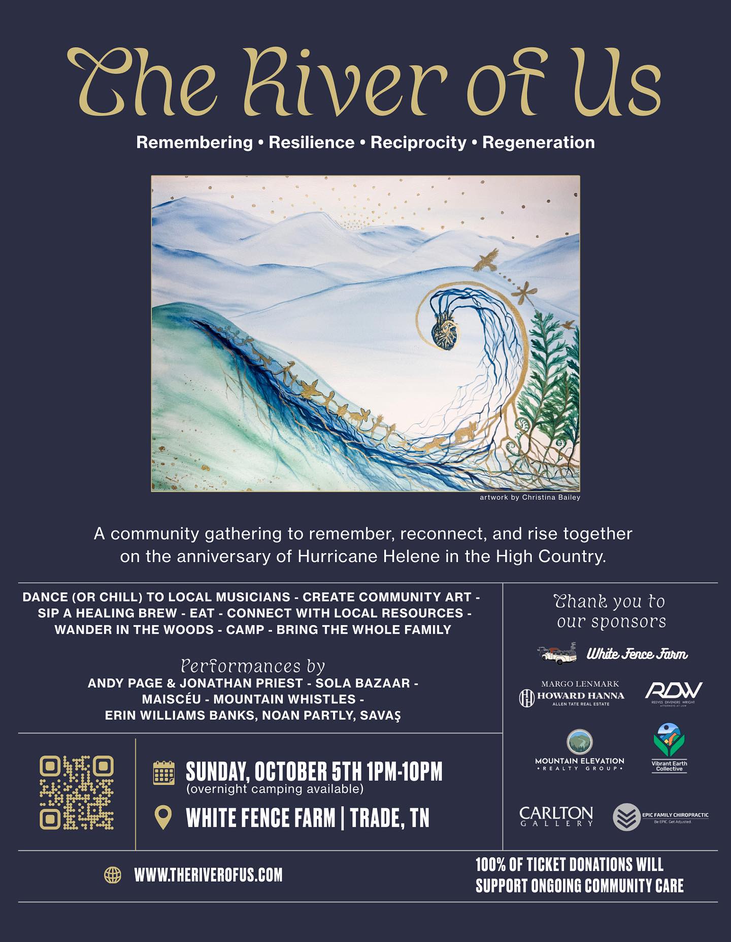 This Sunday we will be at the River of Us in Trade, North Carolina 🌀✨🧿🍂
It’s been a year since Hurricane Helene. Saturday was the official anniversary and there was a funk in the air. We are all collectively processing how the storm has changed the landscape of our community. Like any horrific and powerful natural disaster, there have been some beautiful moments to come from the storm. Our community is a lot closer, because we had to be.
There is a calm after every storm, where you can see things clearly in a way you have never experienced before. It’s not that the air is more clear, but our perspective. This non profit is a result of the clarity from the storm. It is so important for us as a community to have fun and do cool stuff together. We need to reward ourselves for the handwork that it takes to recover from trauma. We recover not to handle our past but to experience joy in our future.
The River of Us is a beautiful and intentional community festival that I am so proud to be a part of. Please come out, make some communal art, get access to any resources you might need, listen to some great music from local artist like @themountainwhistles @noanpartly @erinwilliamsbanksmusic
I’ll have my tent popped up making refreshing drinks that support future excursions, such as zip lining & snow tubing with @hawksnest.adventures and river adventures with @rivergirlfishingco
Tickets (donation based) are on sale now! Camping options available 🏕️