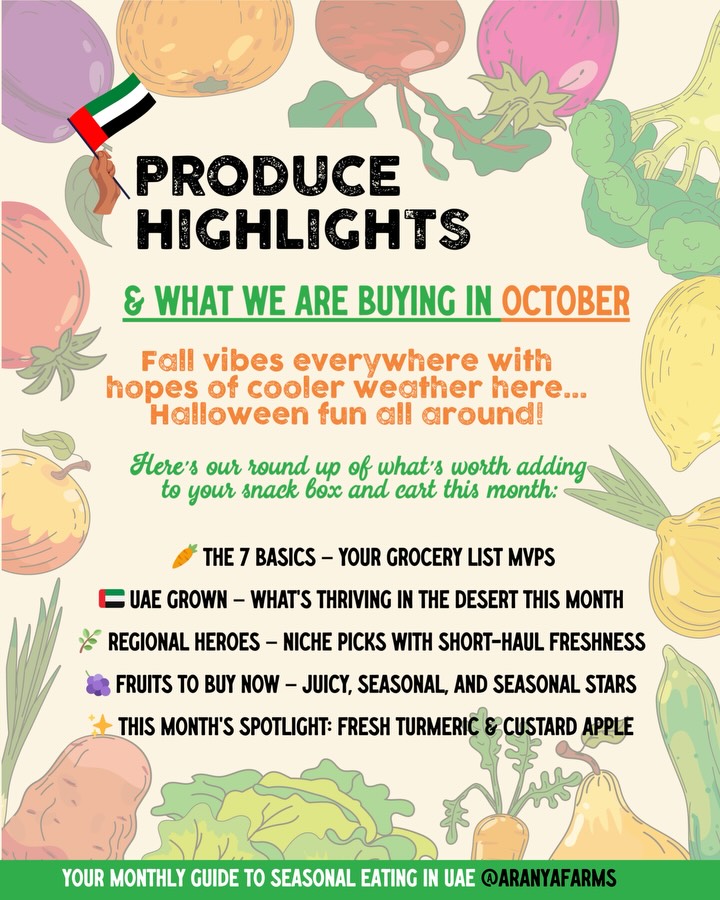 What’s fresh in October? 🍊🥒 Shopping seasonally in the UAE isn’t always easy — but it makes a big difference for flavor, freshness, and the planet.
Here’s your guide for October:
🥕 The 7 Basics - where to buy your core veggies for best value & taste
🇦🇪 UAE Grown - what’s back in season locally
🌿 Regional Heroes - underrated veggies worth adding to your cart
🥭 Fruits - the best picks for lunchboxes, citrus essentials, berries, and seasonal stars
⚠️ On Their Way Out - what to skip before storage fruit takes over
Every month we share this so you can shop smarter, eat closer, and enjoy produce at its peak.
Save this list before your next grocery run - and share it with someone who always asks “what’s good this month?” 👇
#AranyaFarms #WhatsInSeason #EatLocalUAE #OctoberProduce #SustainableEating #ShopSmartEatCloser
