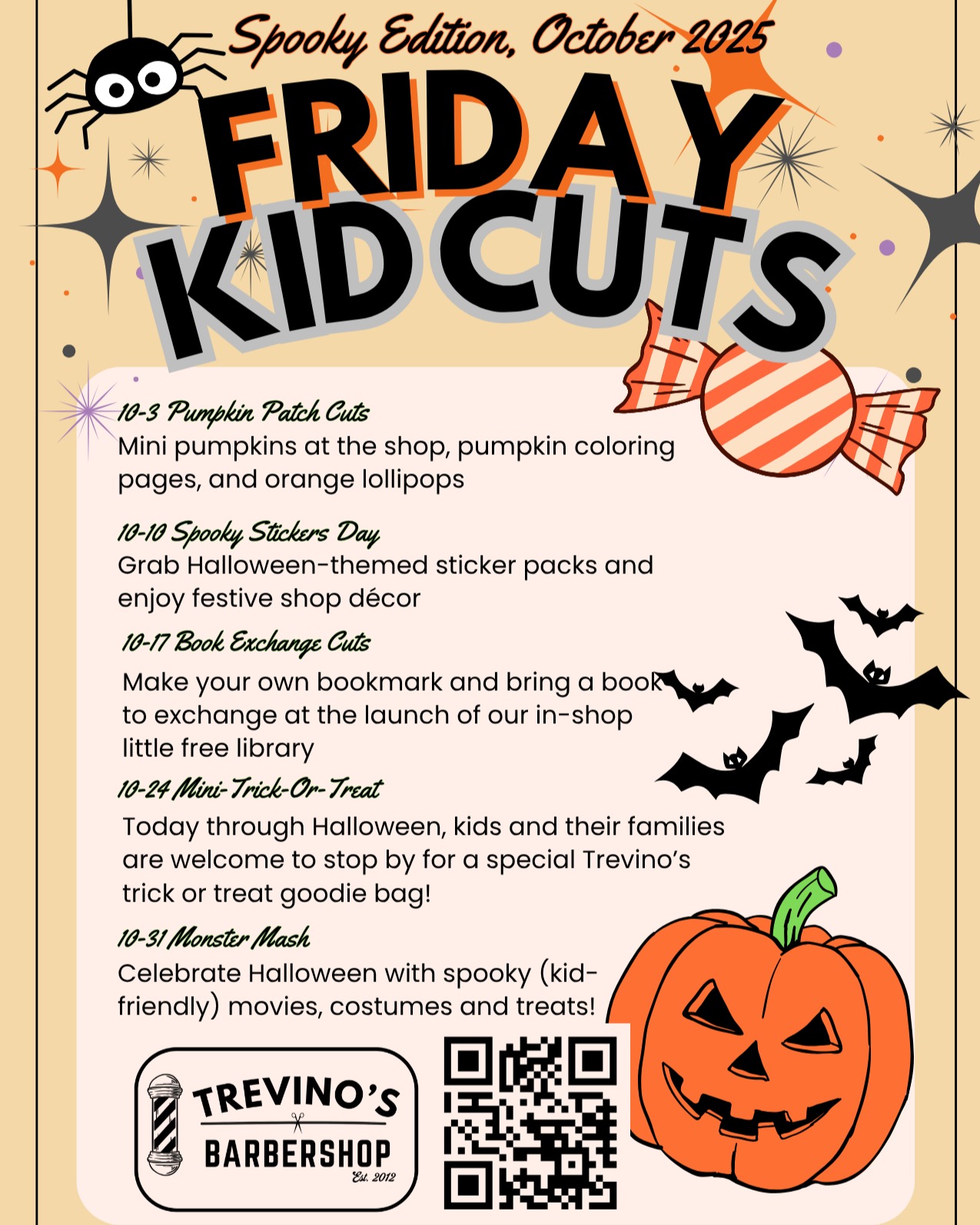 Starting TODAY!!!
Introducing.......Friday Kid Cuts – Spooky Edition!
Every Friday in October we’re adding a little magic to your kid’s haircut:
10/3 – Pumpkin Patch Cuts
10/10 – Spooky Stickers
10/17 – Book Exchange
10/24 – Mini Trick-or-Treat
10/31 – Monster Mash
Fresh cuts + festive fun = the perfect Friday stop for families in Downtown Modesto. Book online! Link in bio!
#kidscuts #fridayfun #modestobarber #209barber #downtownmodesto #familyfriendly #modestoview #modestodid #209hair #modestocityschools