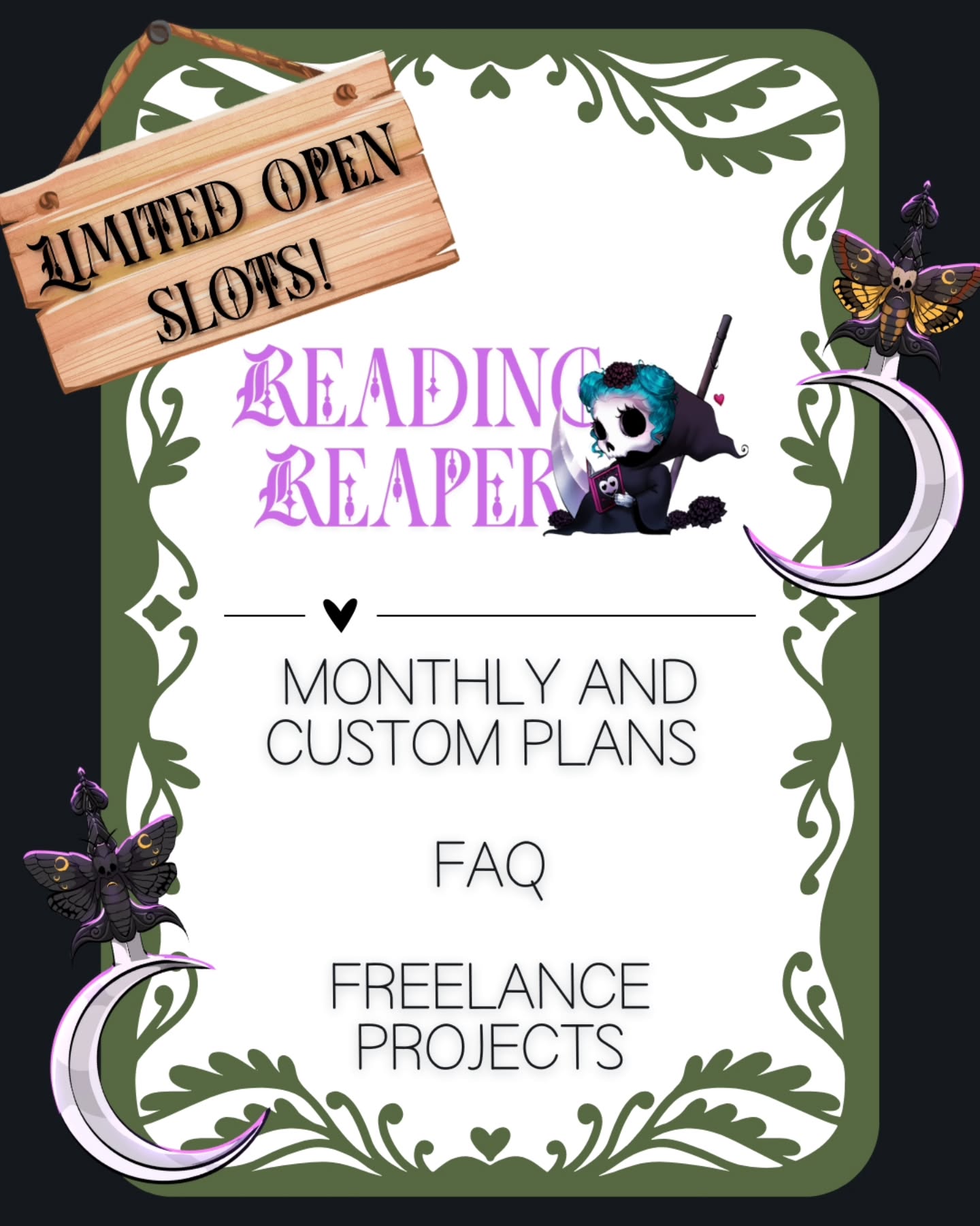 🖤 RRAS Has Limited Monthly Slots Open! 🖤
Reading Reaper Author Services is ready to welcome you and your chaos. These tarot style graphics were just too cute to pass up.
We are proud to represent a diverse group of authors and their works, mostly dark romance, romantasy, contemporary, PNR, taboo, omegaverse, why-choose, and 2SLGBTQIA+ romances.
As a reader I love a little bit of everything, as long as the characters are adult and the door is open for the spicy! You can check my preferences and triggers on my site. 📚
Whether you're looking for a baby-author bundle, a tiered plan, custom plan, freelance work, design work, or editing and proofreading, we've got just what you need.
For more information check out my *stuff* for interest forms, or email me to discuss your needs and questions. ✨
💬 Get in touch to discuss how RRAS can help you.
💌 rune(dot)readingreaper(at)Gmail(dot)com
🔗 Yep the form is in that spot + info on my site.
‼️ Note: not all services are on the graphics, please see my site for more information.
#RRAS #readingreaper #authorservices #personalassistant #authorassistant #openspots #freelance #indieauthors #supporthumancreators #darkromance #romance #indieromance #faq