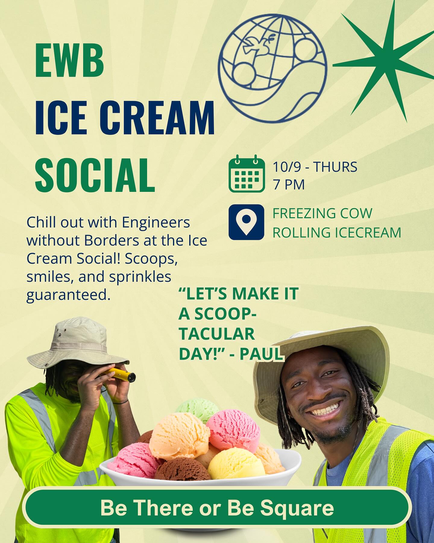 Come join @_.paul_mulenga_ (and others) this Thursday for our Ice Cream Social!! Meet us at Freezing Cow at 7PM for some ice cream and smiles! As Paul would say: “Make it a scoop-tacular day”! 🍦😃