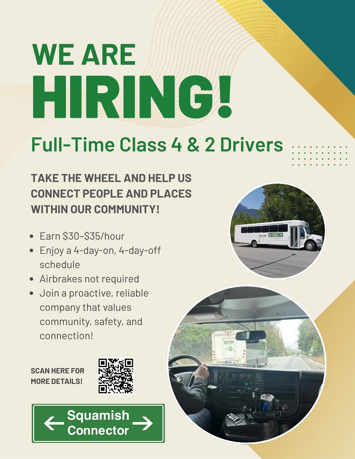 We are actively hiring full time drivers for our Squamish-based team. A flexible 4 on 4 off schedule gives you more time to enjoy your days off doing all the things Squamites love ⛷️ 🚵♂️ 🧗♀️ 🏄♀️ 🎣 🏂 🏌🏼♂️🧘♀️. Inquire today!
