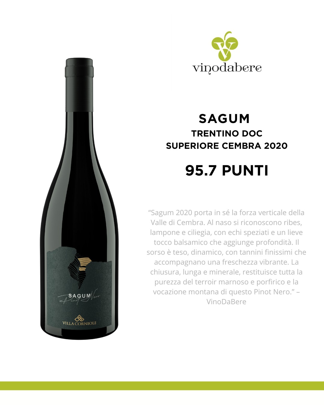 95.7 punti da VinoDaBere per il nostro SAGUM 2020! @vinodabere
Entrambi i nostri Pinot Nero sono stati recensiti in guida. Un riconoscimento che celebra la forza e l’eleganza della Valle di Cembra.
Nel calice: ribes, lampone e ciliegia, con note speziate e un tocco balsamico. Un sorso teso, minerale, dalla freschezza vibrante — pura vocazione di montagna.
#VillaCorniole #Sagum #PinotNero #VallediCembra #VinoDiMontagna #TrentinoDOC #VinoTrentino #WineLovers #VinoItaliano #VinoDaBere #Winelife