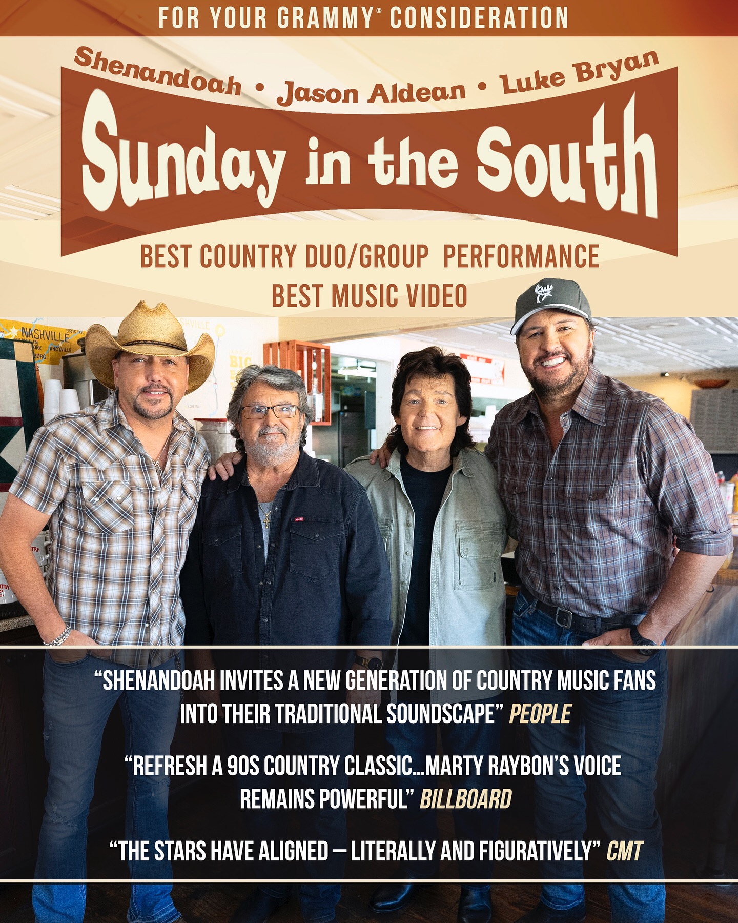 FOR YOUR GRAMMY CONSIDERATION: Best Country Duo/Group Performance and Best Music Video
Shenandoah with Jason Aldean & Luke Bryan
“Sunday in the South”
A country classic reimagined. Three iconic voices, one timeless song. Shenandoah, Jason Aldean, and Luke Bryan bring new life to Sunday in the South, celebrating tradition while inspiring a new generation of fans.
#FYC #GRAMMYs #Shenandoah #JasonAldean #LukeBryan #SundayInTheSouth