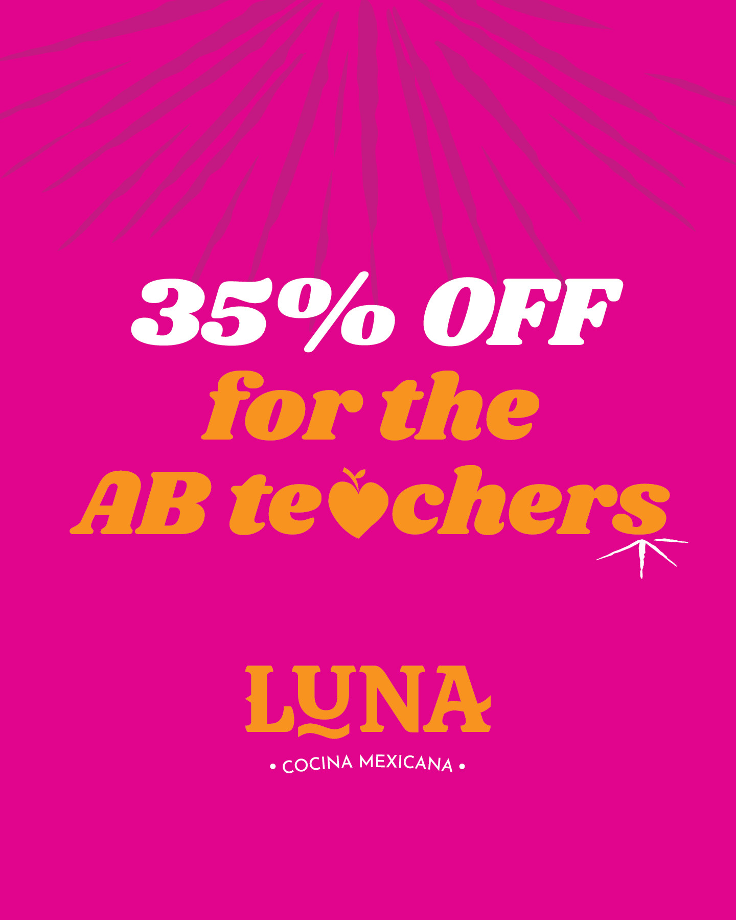 āØTeachers are part of the core of our community! We would like to offer a 35% OFF on our Food Menu, to share some comfort to all of Alberta Teachers during the strike š«¶š¼š. We love to see the support from others around.ā
ā
šCome in! and just show us you ATA card. ā
Tacos for the Teachers! @lunamexicanrestaurantā
ā
Tue-Thurs: 11am to 9pmā
Fri-Sat: 11am to 10pmā
Sun & Mon: CLOSEDā
ā
At 9880 63 Ave, Argyll Roadā
.ā
.ā
.ā
#yeg #yeglocaleats #edmontonrestaurant #albertateachers #edmontonalberta #edmonton