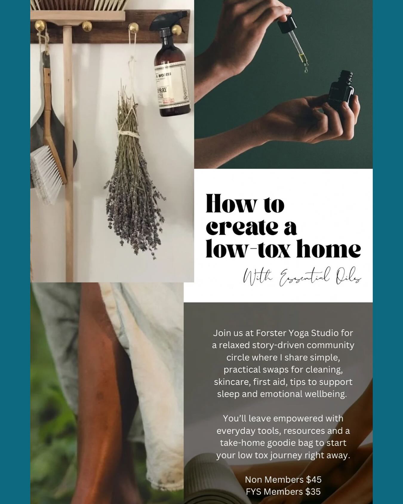 Ready to unwind and upgrade your routine? Join us this Saturday 630pm for Alex's expert tips on natural cleaning, skincare, and wellness! #naturalhome #naturalskin #wellbeing #forsteryogastudio #barringtoncoast ๐ฑ