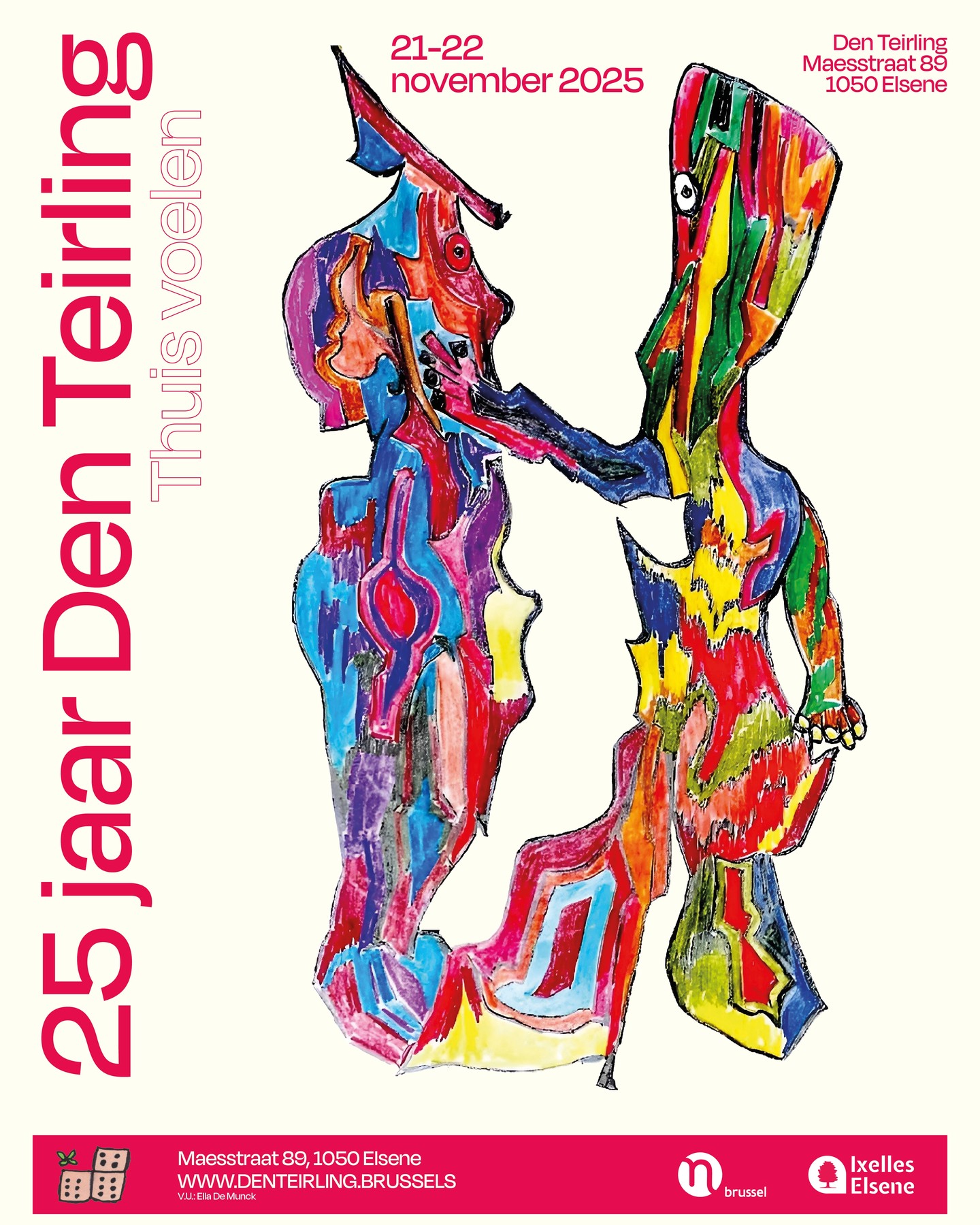 ๐ 25 jaar Den Teirling โ Save the Date ๐
In 2025 bestaat Den Teirling 25 jaar ๐ฅณ
Dat vieren we met een groot jubileumfestival op vrijdag 21 & zaterdag 22 november 2025 in Den Teirling ๐
โจ Het thema van dit feestjaar: Thuisvoelen ๐
Wat betekent het om je thuis te voelen in een stad die altijd in beweging is? ๐
๐ก Samen met kunstenaar Wouter Krokaert en CIVA doken onze leden in vragen rond ruimte, stad en architectuur.
๐ค Met studenten sociaal werk van Odisee Hogeschool en Erasmushogeschool Brussel gingen we in werkgroepen op zoek naar nieuwe ideeรซn over inclusie, verbondenheid en solidariteit.
Tijdens het festival brengen we dit alles samen ๐ expoโs ๐ผ๏ธ, gesprekken ๐ฌ, muziek ๐ถ, een feestelijk diner ๐ฝ๏ธ en natuurlijk een groot feest ๐ชฉ!
๐
Noteer de datum alvast in je agenda: 21 & 22 november 2025 โ Den Teirling, Brussel
Meer info volgt snel! ๐
Met dank aan de steun van de VGC en Elsene Cultuur ๐๐
#25jaardenteirling #thuisvoelen #brussel #feest #jubileumfestival