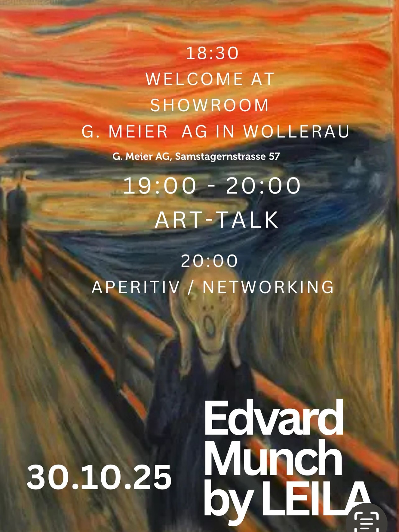 **Save the Date: October 30th**
Following the great success of LEILA’s last ArtTalk on GIACOMETTI, we’re back – this time exploring EDVARD MUNCH.
If you’ve never experienced @leilamebert live: Her way of bringing art to life is truly unique. Those who know her keep coming back.
✨ Inspiring art stories
🥂 Culinary delights
🤝 Exclusive setting at @g.meier_ag showroom in Wollerau
Limited spots available – sign up now!
#leilamebert #agmeier #rogerkoch #edvardmunch #artappreciation #wollerau #ypa #arttalk #artevent