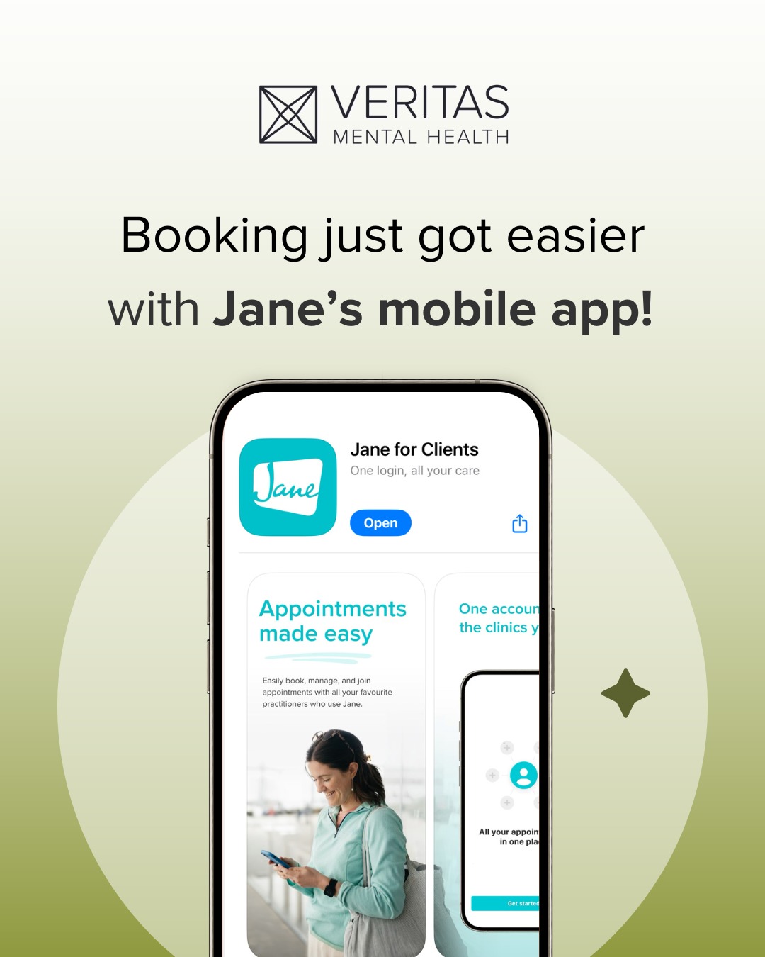 📣 Already see us at Veritas—or brand new? You can book anytime, even after hours.
Download “Jane for Clients” (App Store or Google Play)
Search Veritas Mental Health (Orem, UT)
Log in with your portal details, or create an account
From the app you can schedule your next visit or your first one, join video sessions, and message our team.
Questions? Call or text us and we’ll be glad to help!