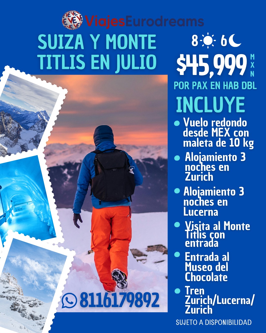 ✈️ PROMOS FLASH: SUIZA Y MONTE TITLIS✈️
❄️Suiza + Monte Titlis en Julio 8 días
Visita: Zurich, Lucerna y Monte Titlis
🟩 SOLICITA INFORMACIÓN :
📱WhatsApp: 8116179892
🌐Web: www.viajeseurodreams.com
📞Teléfono: 8183860915
📍Dirección:
Plaza Santa Elena, 1ª Avenida #207- Interior #207, Col. Vista Hermosa, Monterrey, Nuevo León, CP. 64610
⏰Horarios:
Lunes a Viernes de 10 am a 6 pm
Sábado de 10 am a 2 pm
#titlis #lucerne #lucerna #zürich #glacier #lindtchocolate
