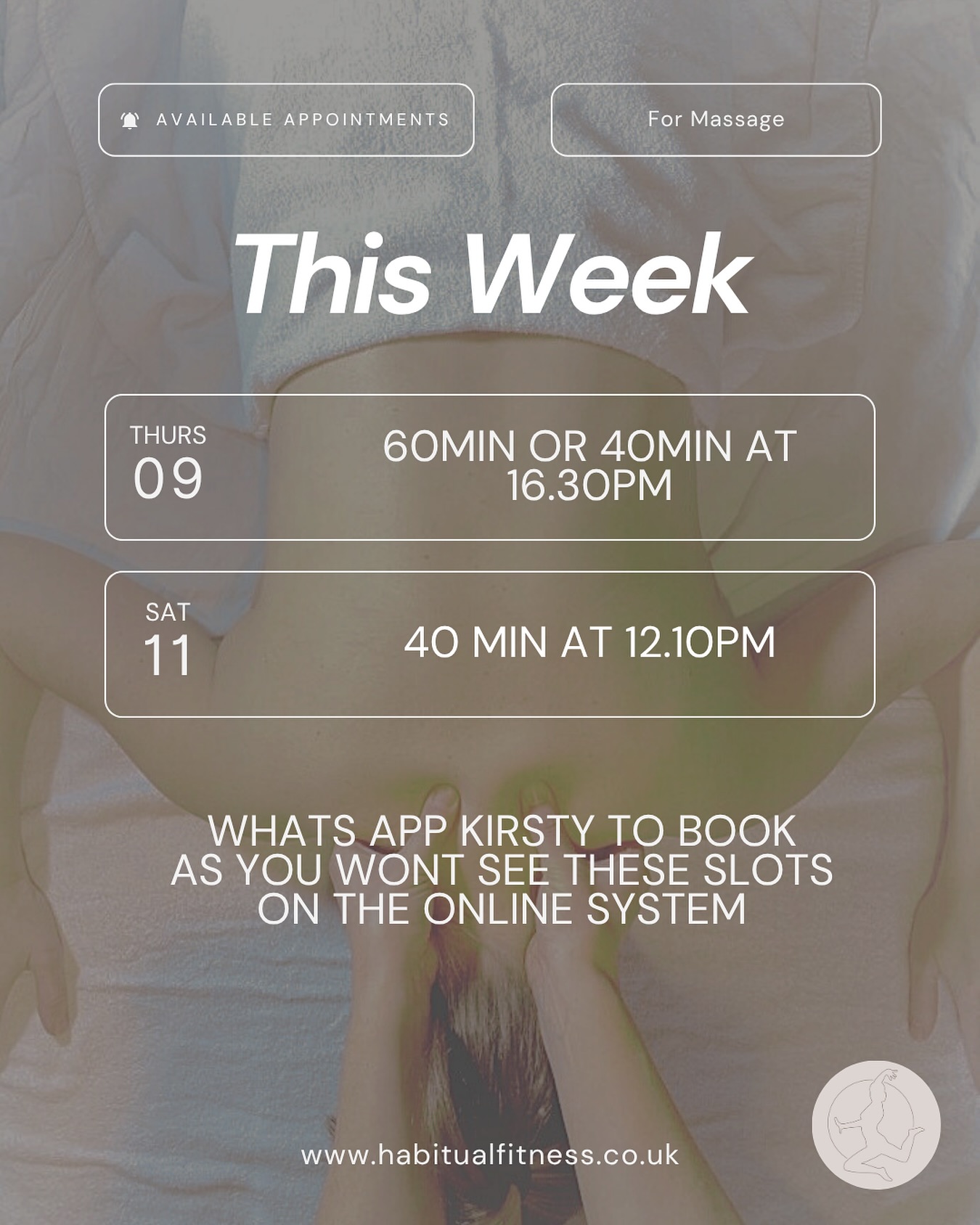 A couple of last minute appointments for massage have become available this week.
In need? What’s app me to book (I will not see any other messages so don’t DM me on Insta or email).. phone number is on my website.
Thursdays 9th Oct (today!) is available for a 60 min or 40 min massage at 4.30pm
Saturdays 11th Oct is available for a 40 min massage at 12.10pm
Let me know if you want in.
#massage #manchestermassage #chorlton #chorltonrunners #chorltonvelo