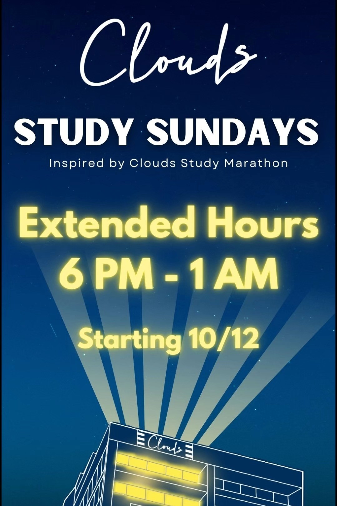 Introducing Study Sundays — a brand new event inspired by our legendary Study Marathon!
Students can sign in, study, and win prizes just for showing up and putting in the work. See you this Sunday at Clouds!