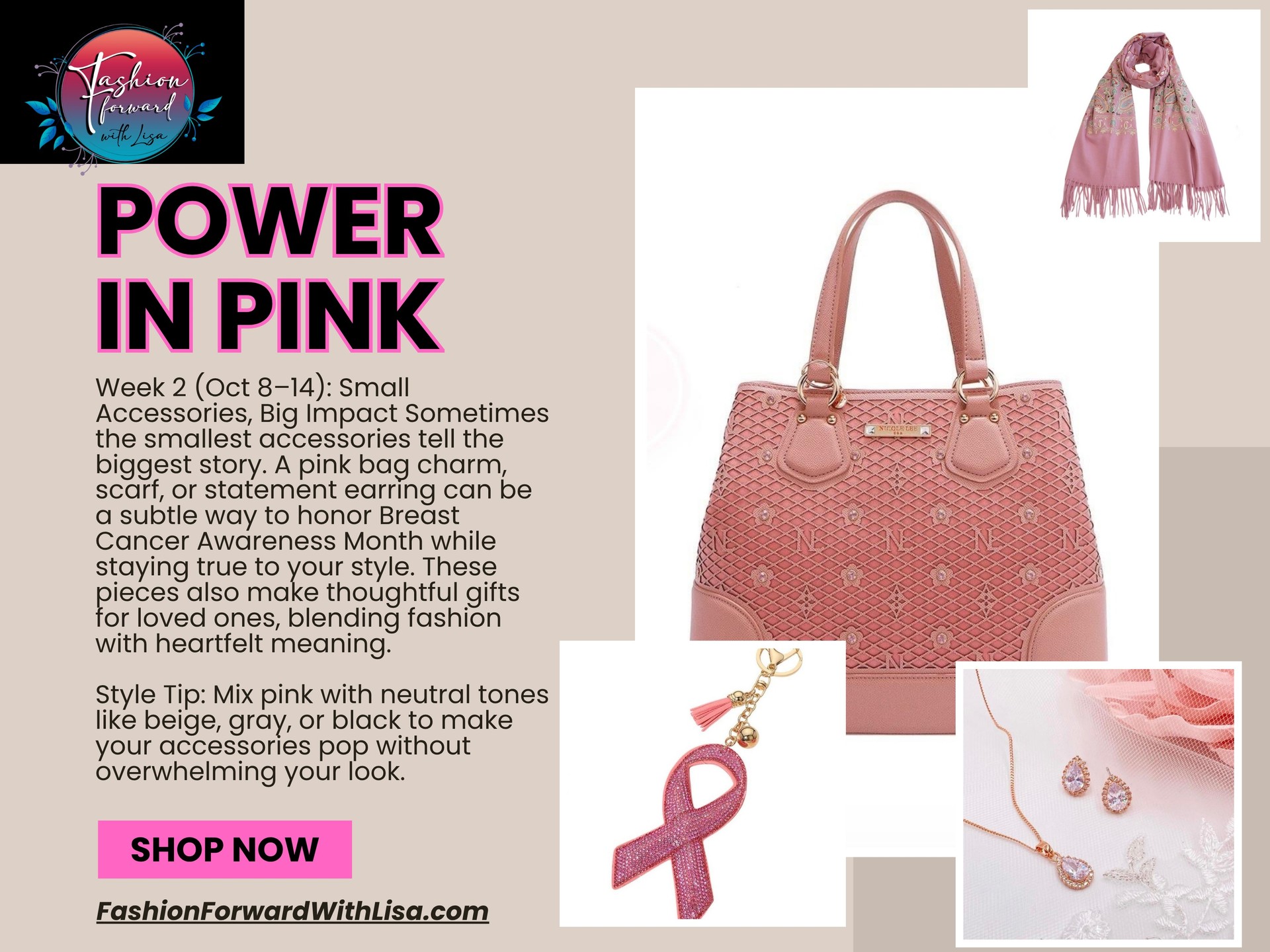 Blog Alert: Check it out right here:
https://www.fashionforwardwithlisa.com/post/power-in-pink
Power In Pink :
Week 2 (Oct 8–14): Small Accessories, Big Impact Sometimes the smallest accessories tell the biggest story. A pink bag charm, scarf, or statement earring can be a subtle way to honor Breast Cancer Awareness Month while staying true to your style. These pieces also make thoughtful gifts for loved ones, blending fashion with heartfelt meaning.
Style Tip: Mix pink with neutral tones like beige, gray, or black to make your accessories pop without overwhelming your look.
visit us online at:
FashionForwardWithLisa.com
and check out our 5 star reviews on google.
#fashion #FashionTrends #fashionstyle #smallbusiness #smallbusinessowners #longisland #suffolkcountyny #nassaucountyny #FashionForward #FashionFinds #clothing #handbags #lakegrove #smallshopsdreambig #womensaccessories #jewelry #shopnow
#womensclothing #womensclothingstore
#shopping #shoppingonline